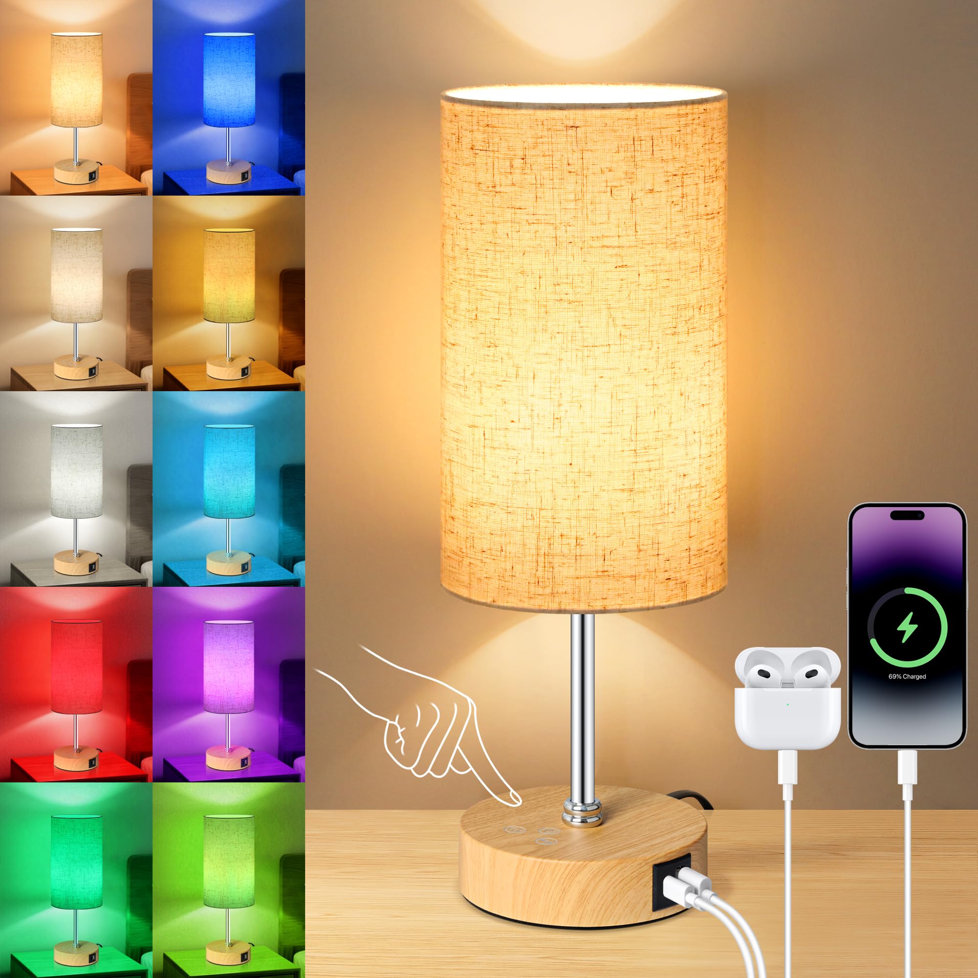 Unicozin Small Table Lamp, 3CCT & 7 RGB Color Changing, Dimmable, 14.5in, Beige - Wood Grain Base