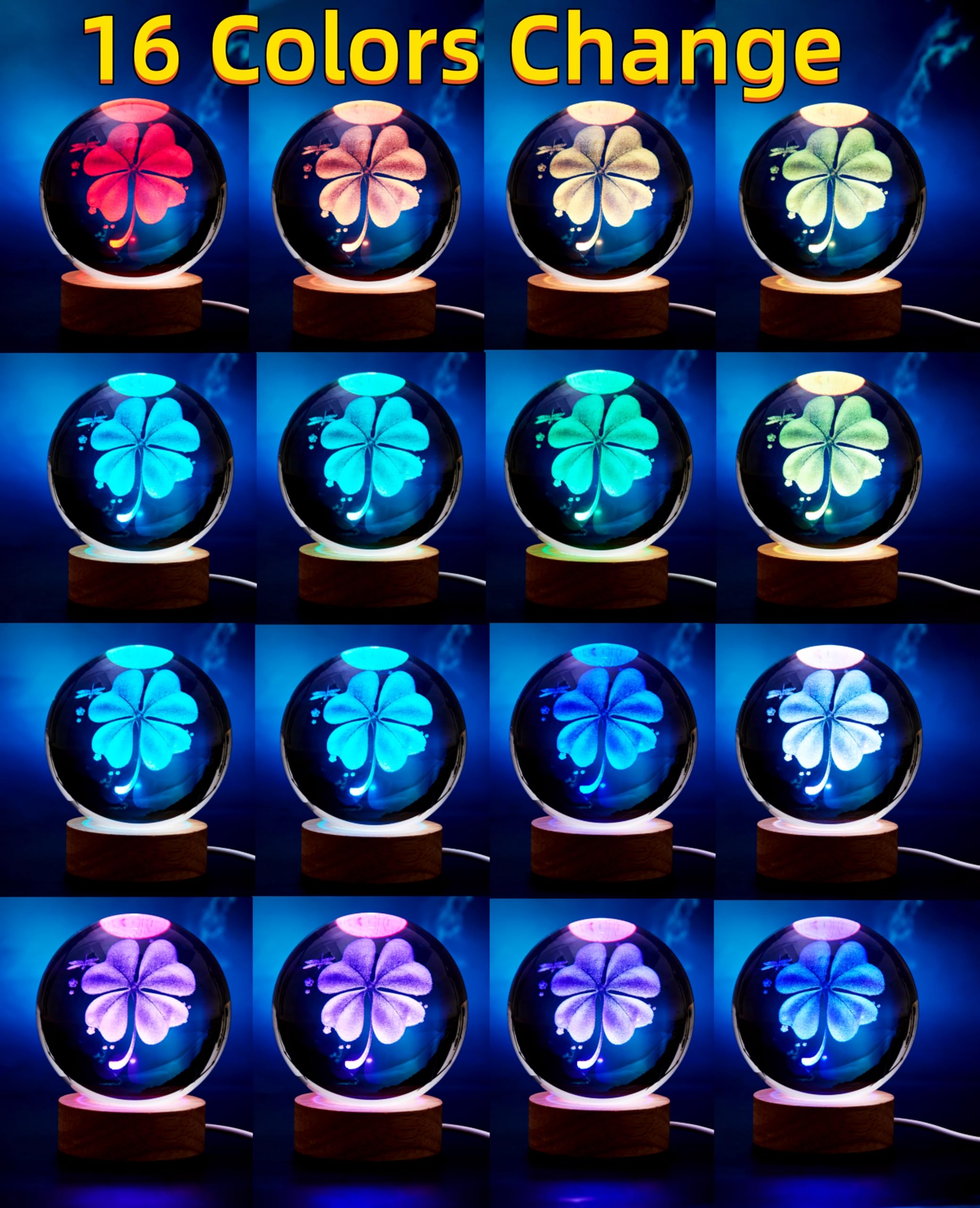3D Four-Leaf Clover Crystal Ball Lamp,Lifelike 3D Led Clover Night Light,16 Colors Changing Light,Dimmable Remote Control,Clover