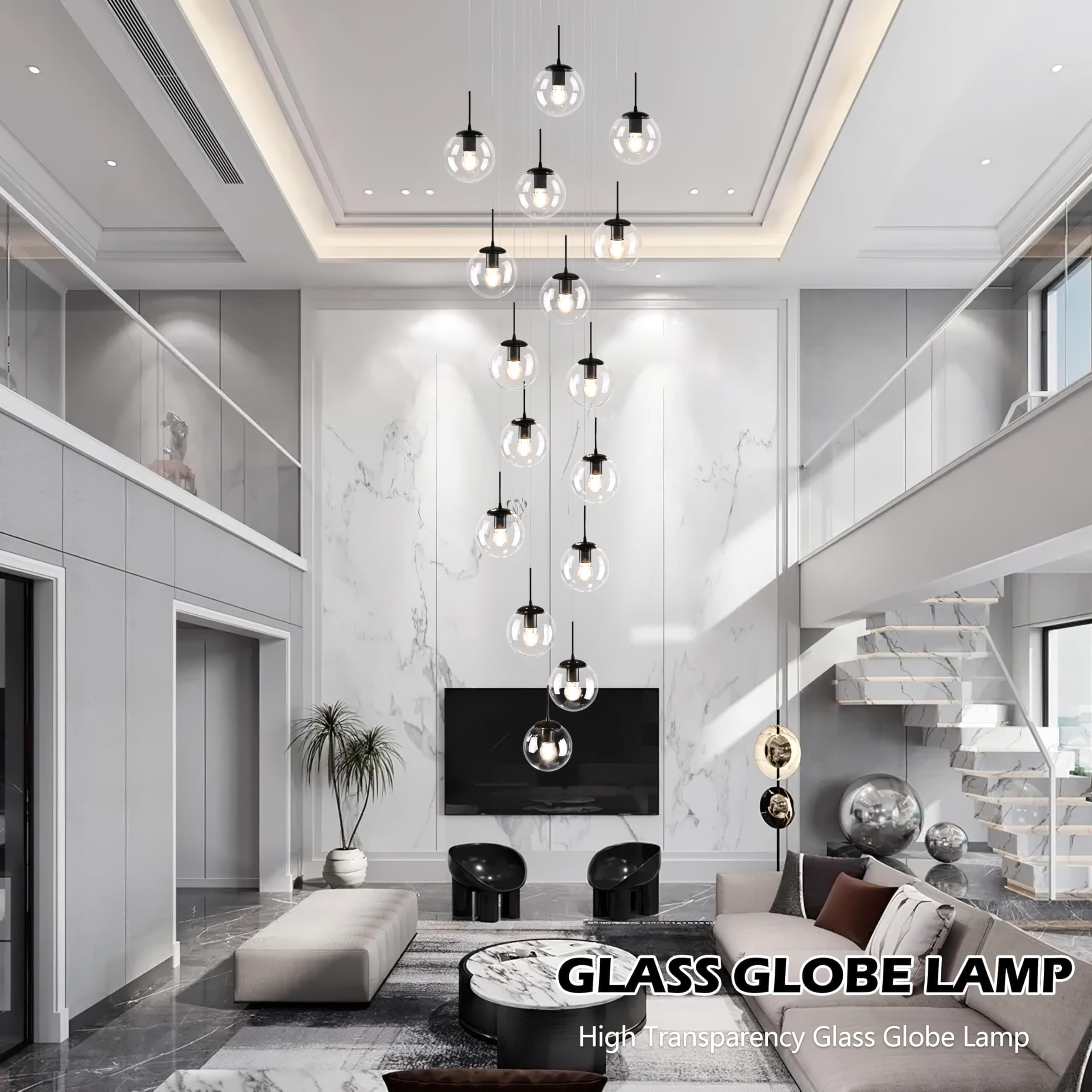 Koko&Yukina 16-Light Black Mid Century Modern Chandelier For Living Room Staircase Chandelier For Entryway Clear Globe Glass Cha