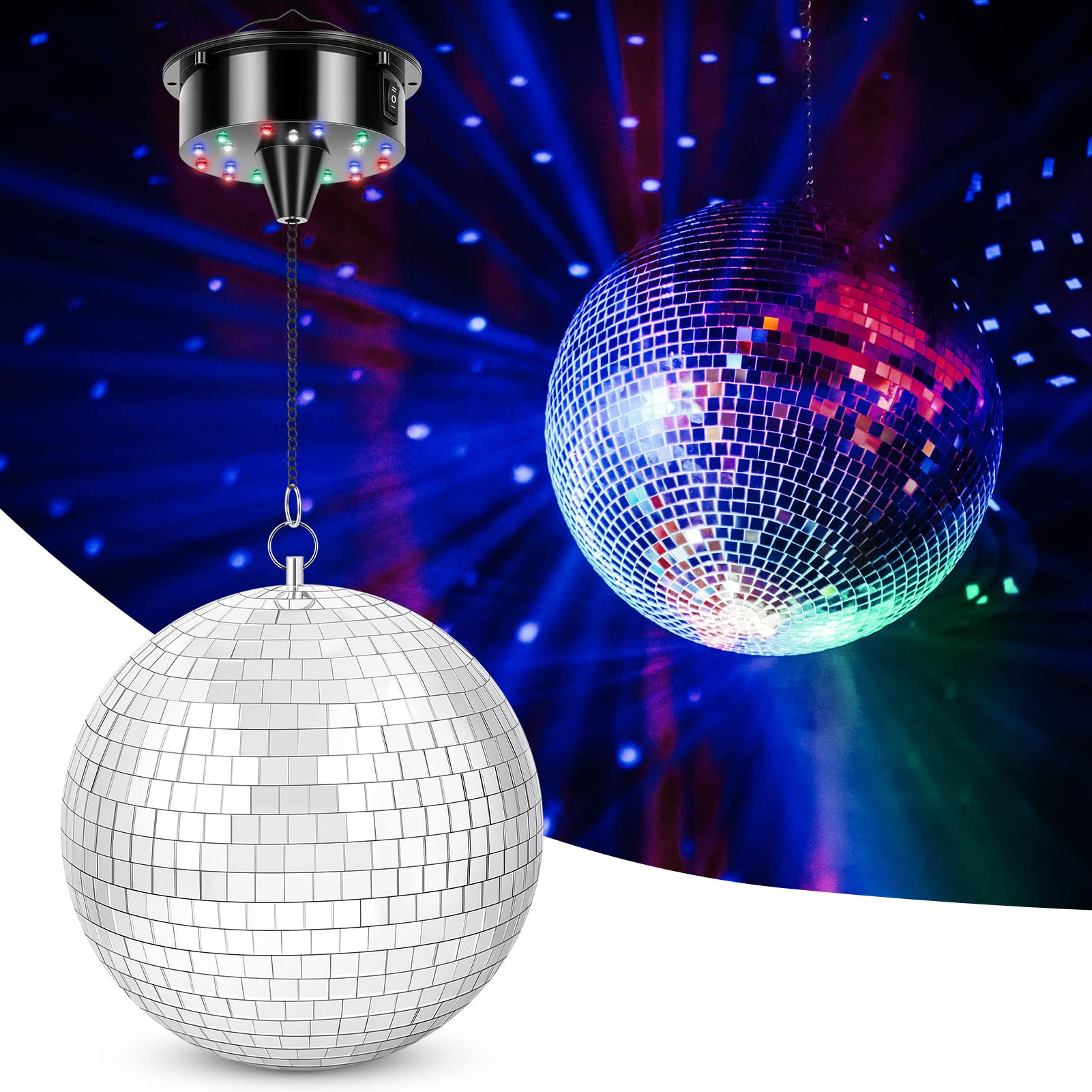 Meagoo Disco Ball With Motor And Light, 8'' Hanging Mirror Ball And 6Rpm Batteries Powered Rotating Motor With 4 Light Colors An