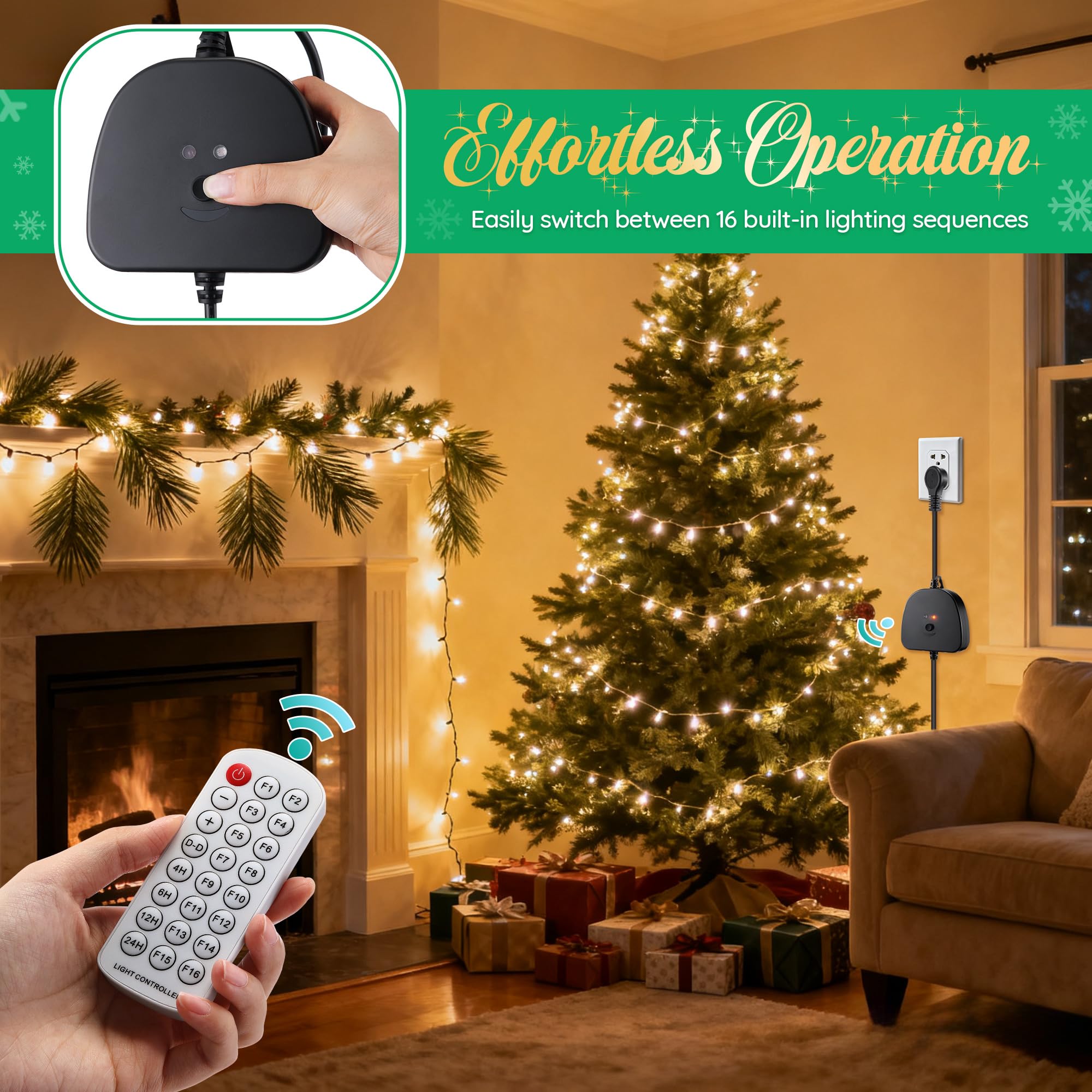 Gulfmew Christmas Light Controller, Remote, Timer, Dusk to Dawn, 23.6" Waterproof, Black, Model TD-Gulfmew-1038