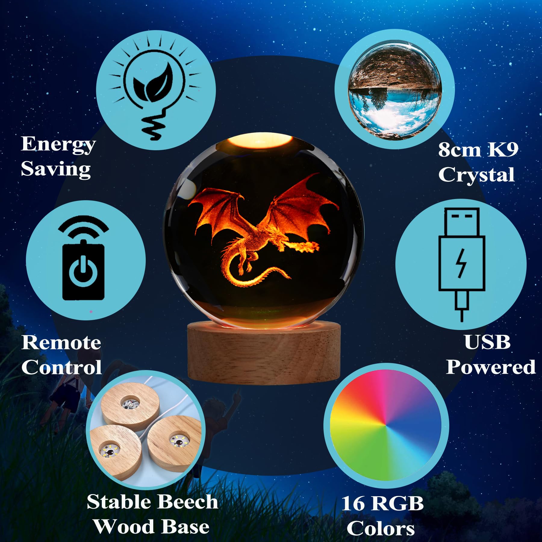 Posshe Dragon Night Light, 3.15 Inch (80Mm) Crystal Ball 3D Lamp With Remote 16 Color For Birthday Xmas Cool Figurines Dragon Gi