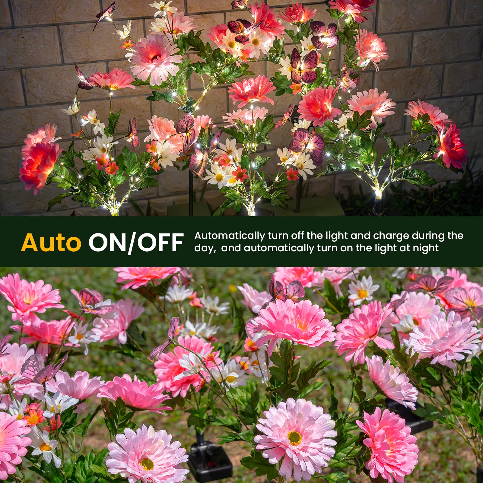 Topvelo Solar Garden Light 4 Packs  120 Leds Outdoor Solar Lighting With Daisy And Butterfly  Waterproof Outdoor Garden Light For Patio  Courtyard  Pathway Decoration (Pink)