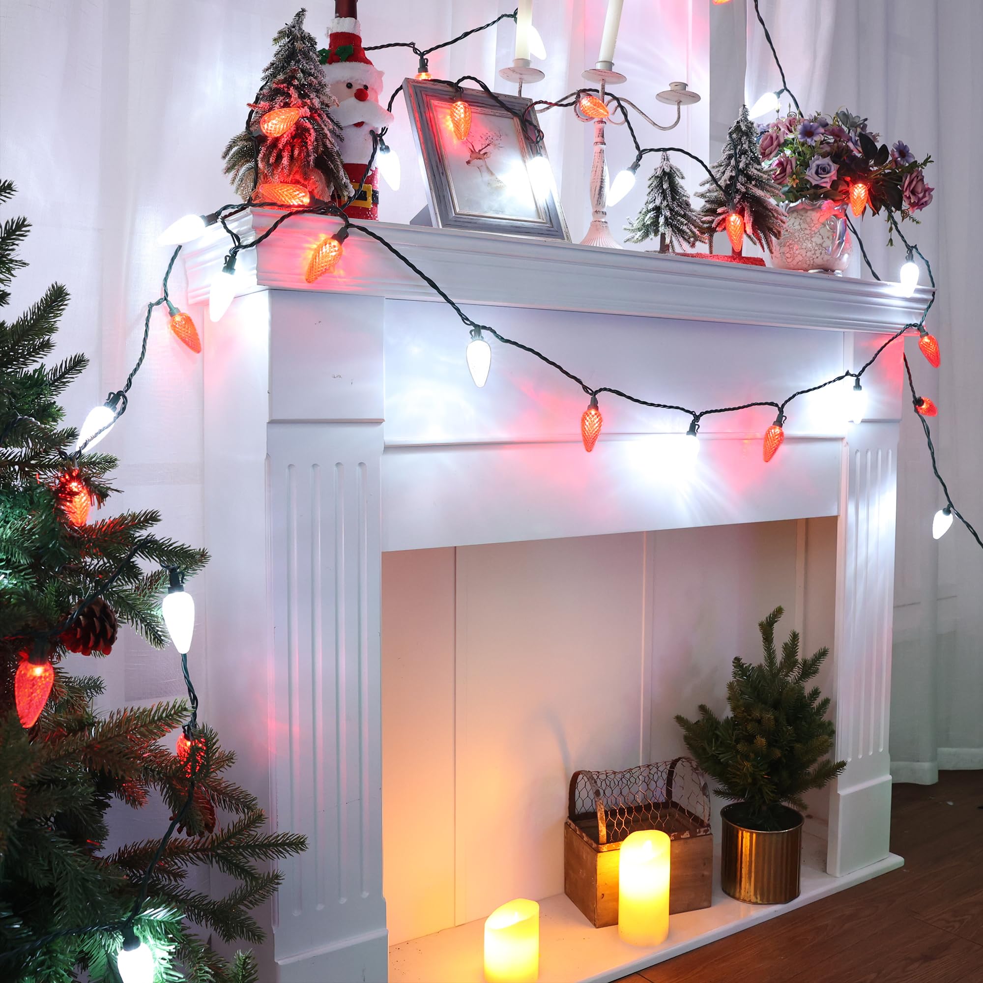Brizled C9 LED Strawberry String Lights, 66ft, Red & Cool White, 100 Connectable Indoor/Outdoor Holiday Lights, Model I1-50-1-C9