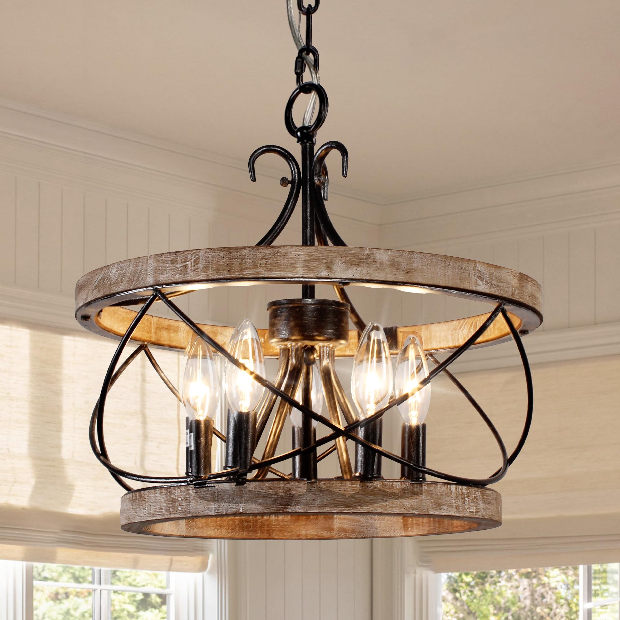 20'' Farmhouse Chandelier, 5-Light French Country Drum Chandelier Over Table, Wood Chandelier For Kitchen Island Dining Room Ent