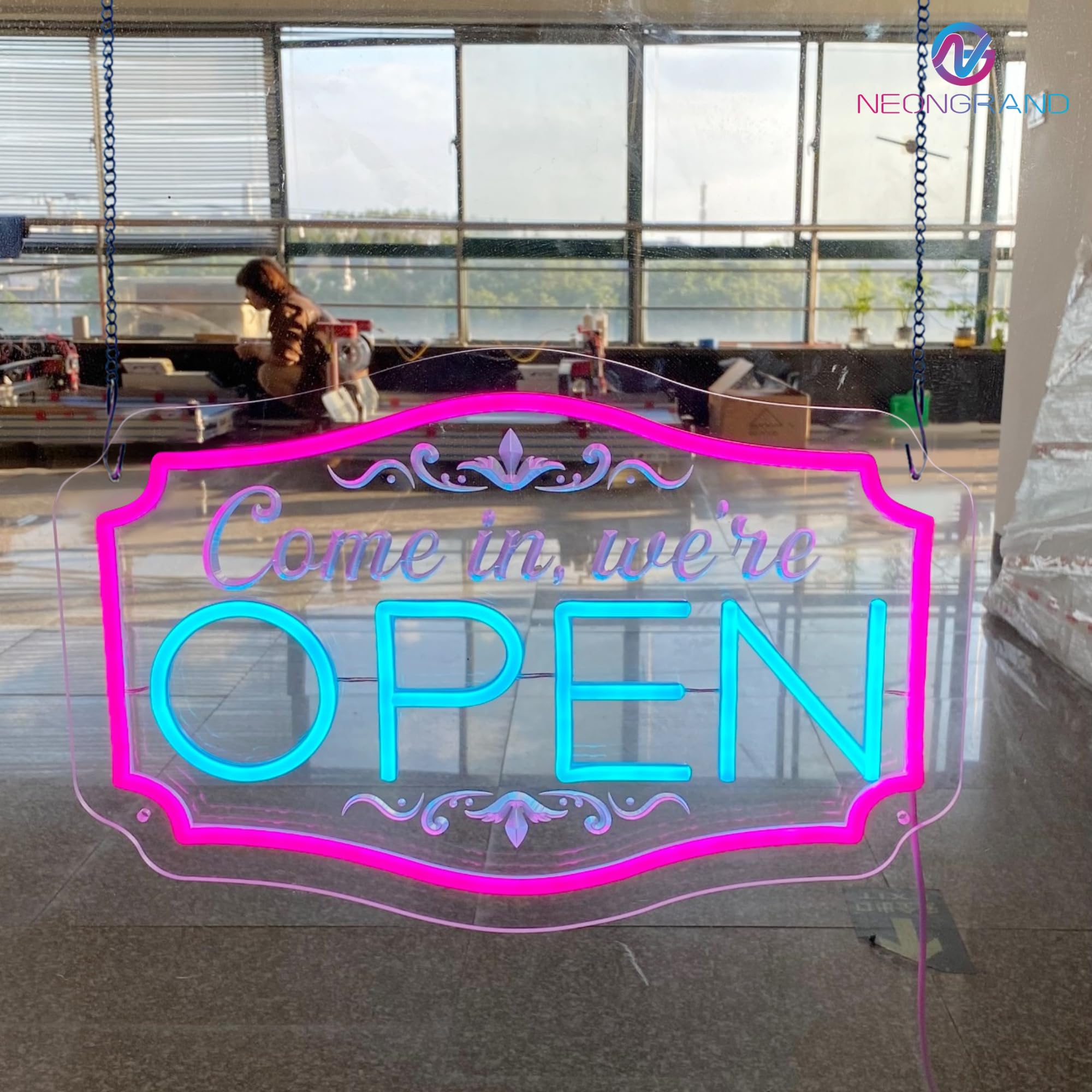 NEONGRAND LED Neon Open Sign - Adjustable Brightness, Ice Blue & Pink, 16.5x11'' - Perfect for Bars, Salons, and Stores