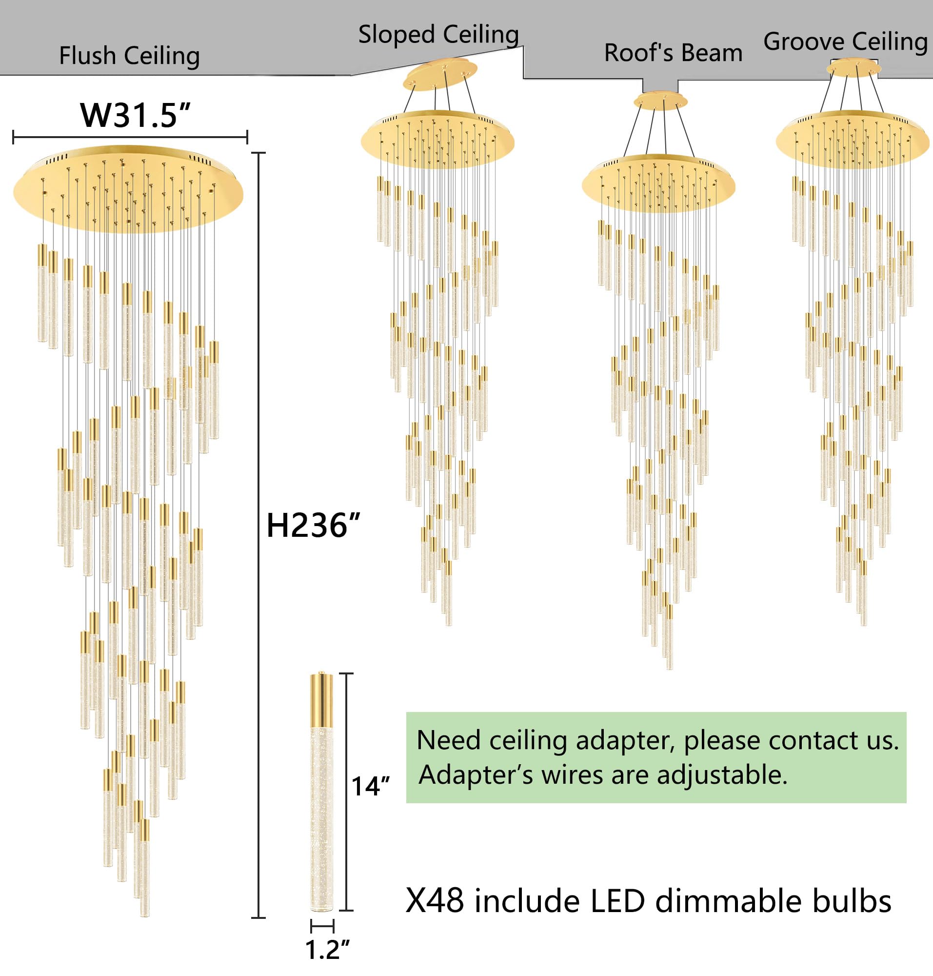 HAIXIANG 20 Foot 48-Light Gold High LED Dimmable Chandeliers Ceiling Pendant Light Fixtures Remote Control Light Fixtures Crysta
