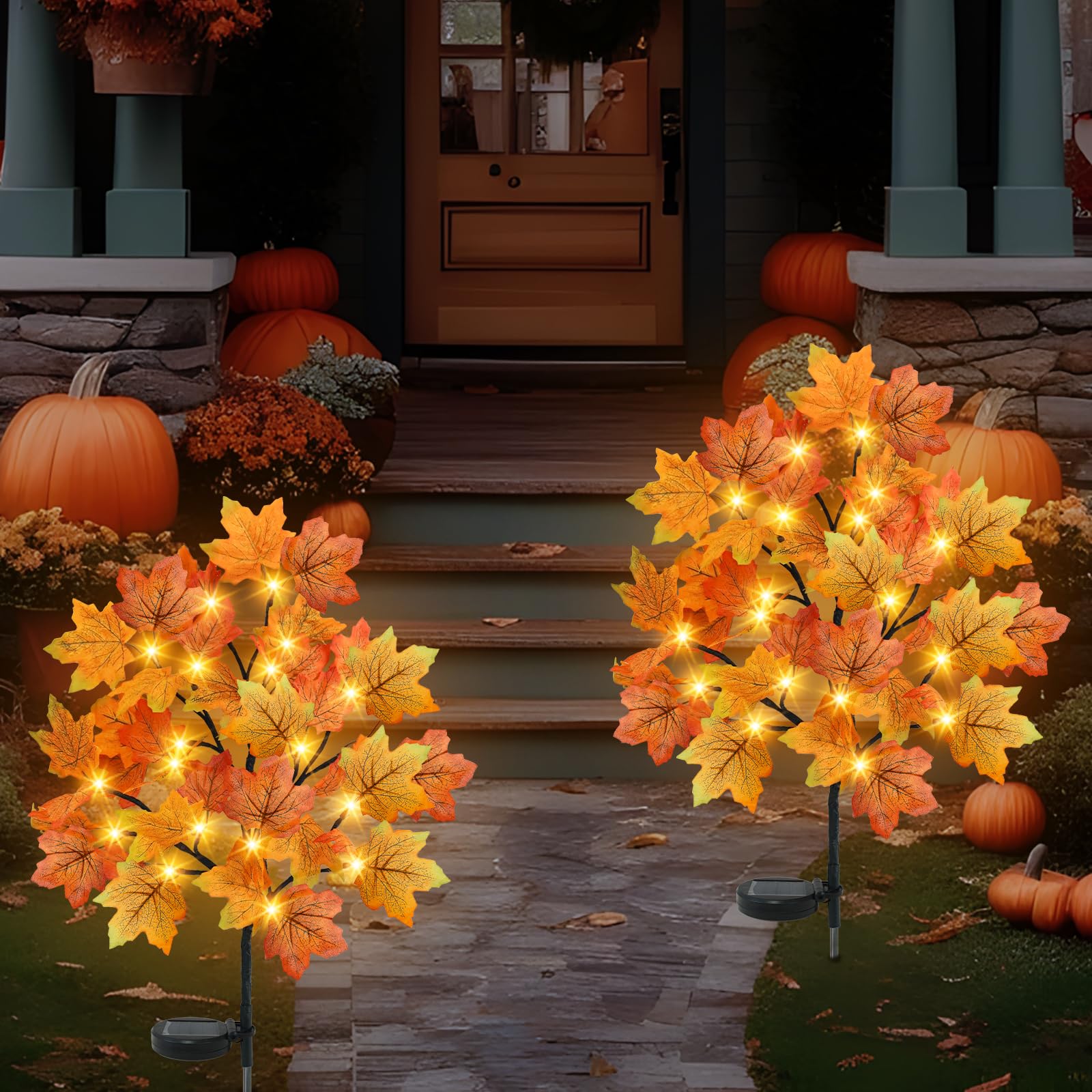 Torontokyo 2 Pack Fall Solar Outdoor Lights, Fall Decor 40 Led Maple Leaves Solar Stake Light With 8 Modes, Waterproof Fall Garden Lights Thanksgiving Decorations For Autumn Yard Pathway Outside