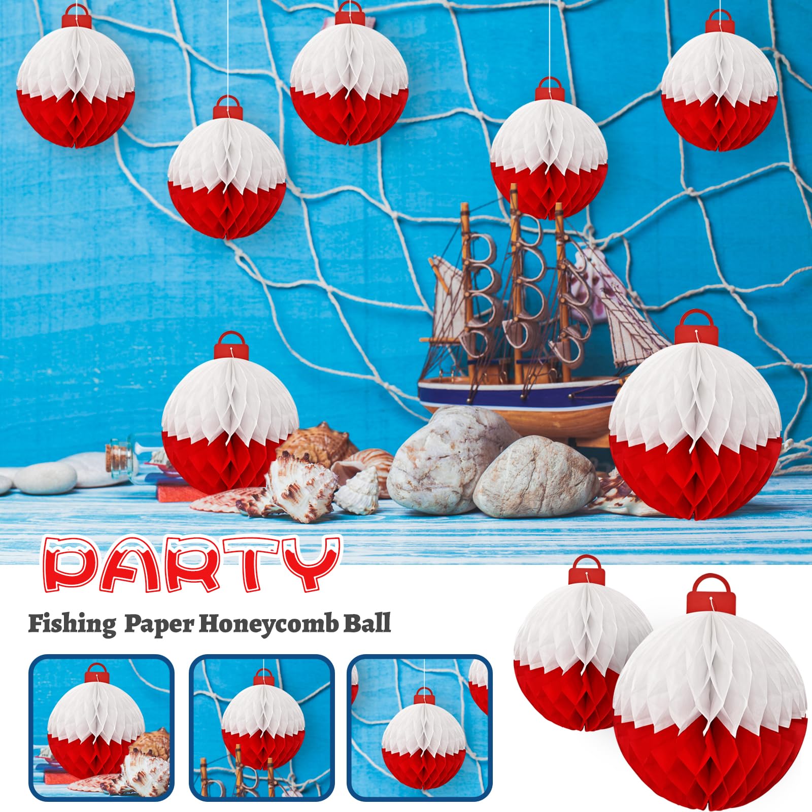 12Pcs Fishing Themed Paper Honeycomb Ball Decorations Lanterns, Red & White For Fishing Party, Birthday, Fishermen Themed, Table