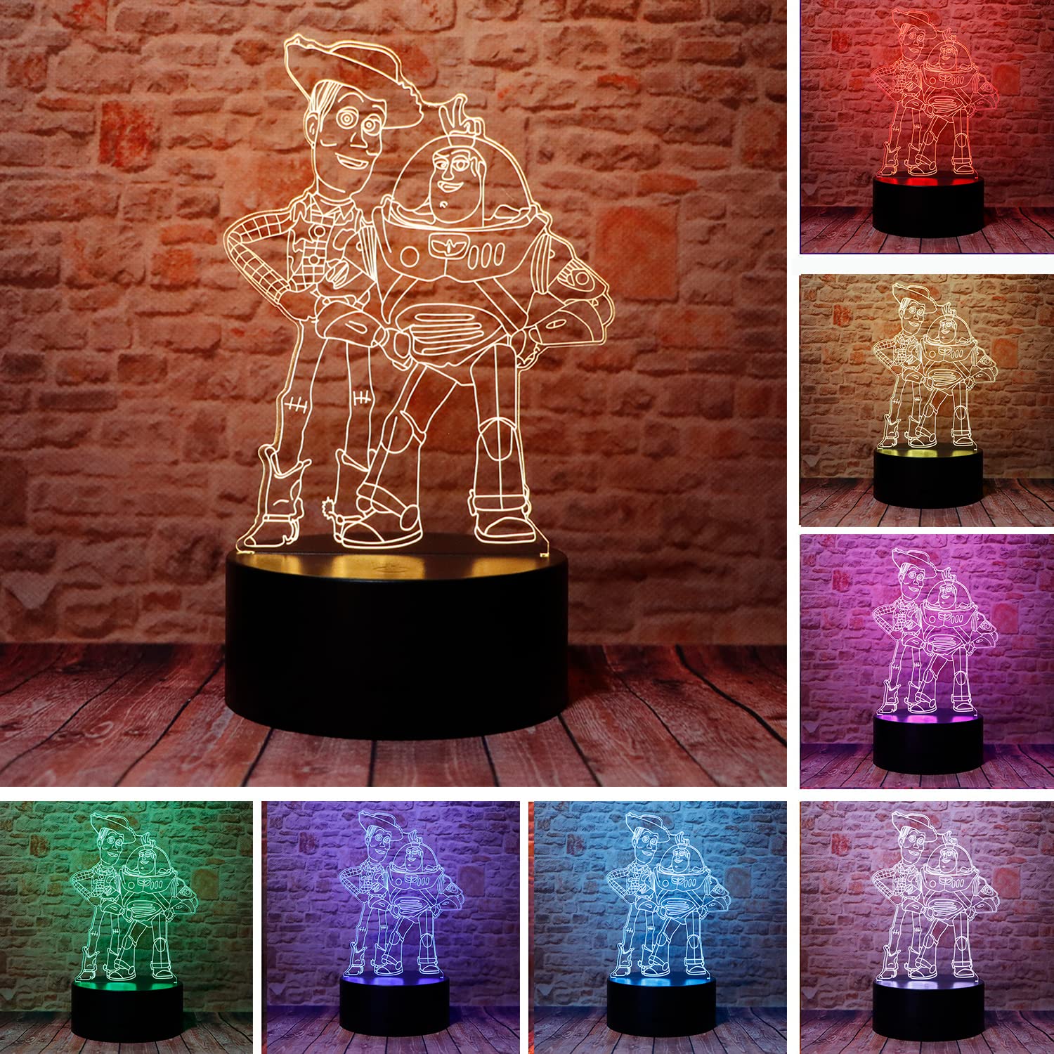 Junnire 3D Optical Illusion Led Lamp - Woody & Buzz Lightyear, 7 Colors, Kids' Bedroom Decor