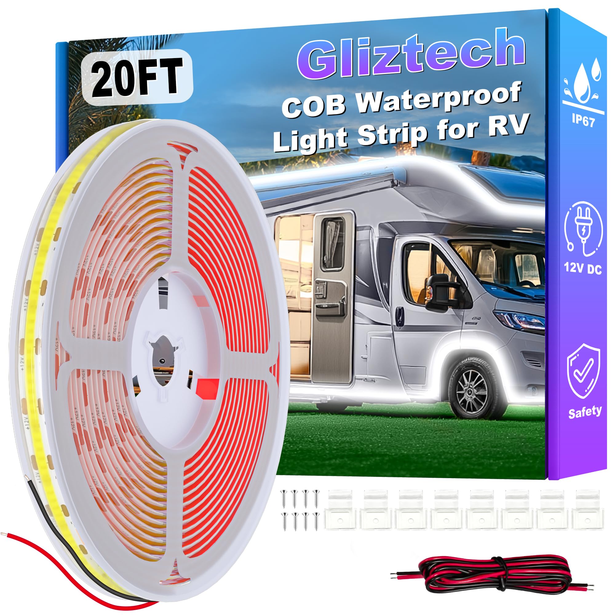 Gliztech RV Awning Lights 20FT  Camper Awning Lights for RV Canopy Exterior  IP67 12V White COB Waterproof Underglow Led Light kit for Motorhome  Travel Party  Trailers  Food Trucks