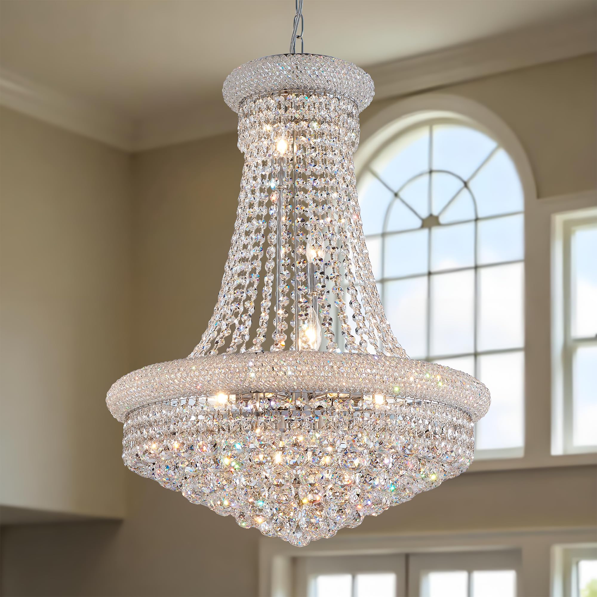 Dunfizz Modern Crystal Chandeliers Foryer Chandelier For High Ceilings, 11-Lights Silver Empire Crystal Chandeliers For Living D
