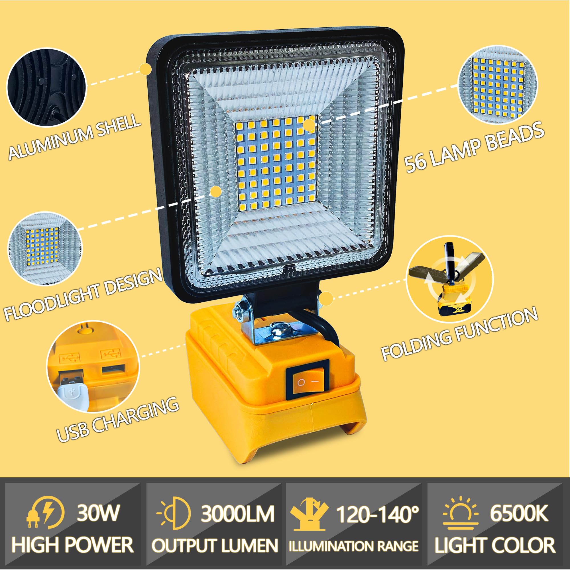Byczone Cordless Led Work Light For Dewalt 20/18V Battery, 30W 3000Lumens Flood Lights Outdoor For Dewalt 20V Battery, Underhood