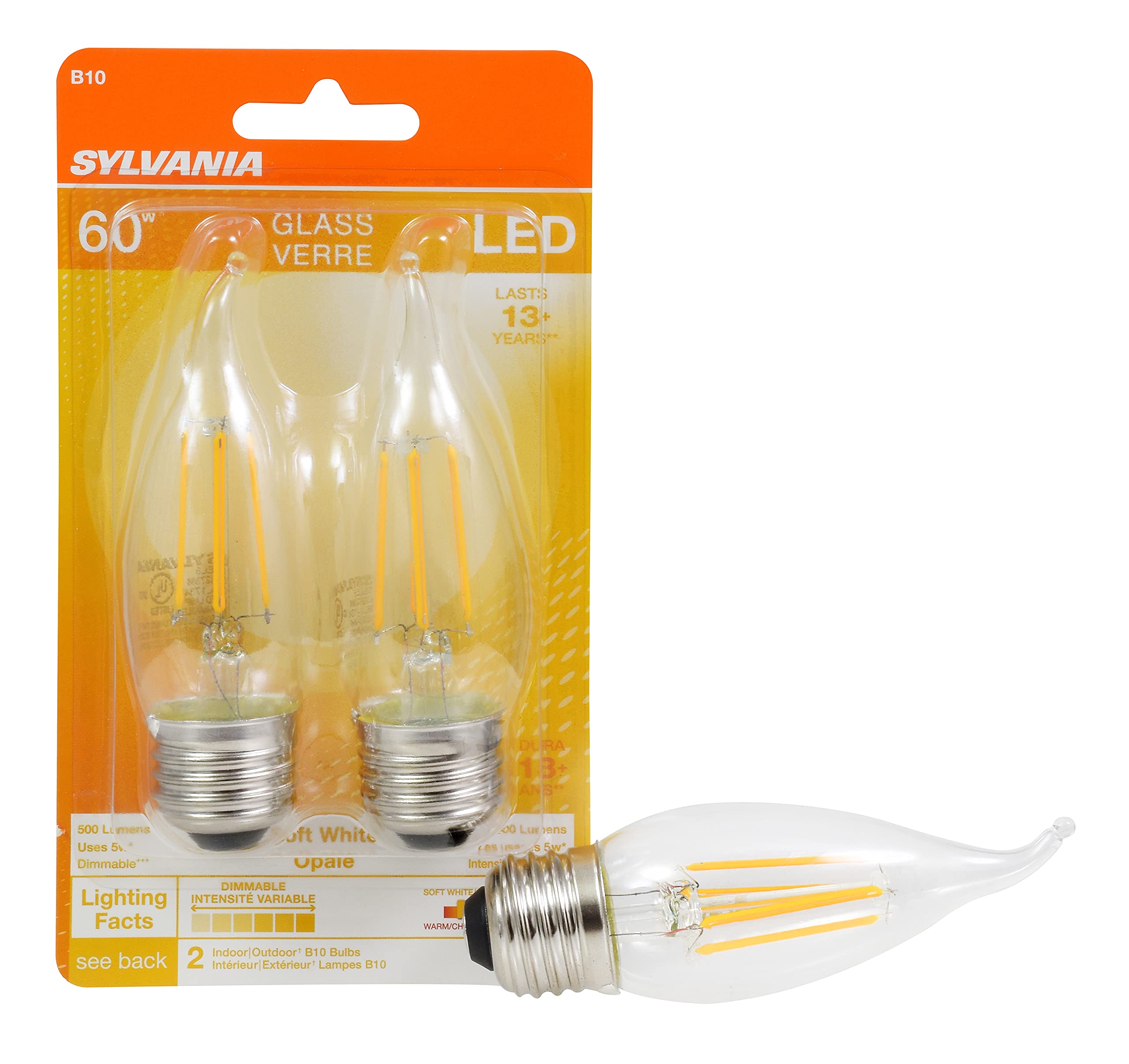 Sylvania B10 LED Light Bulb  60W Equivalent Efficient 5W  13 Year  Bent Tip  Candelabra Base  500 Lumens  2700K  Soft White  Clear - 2 Pack (79766)