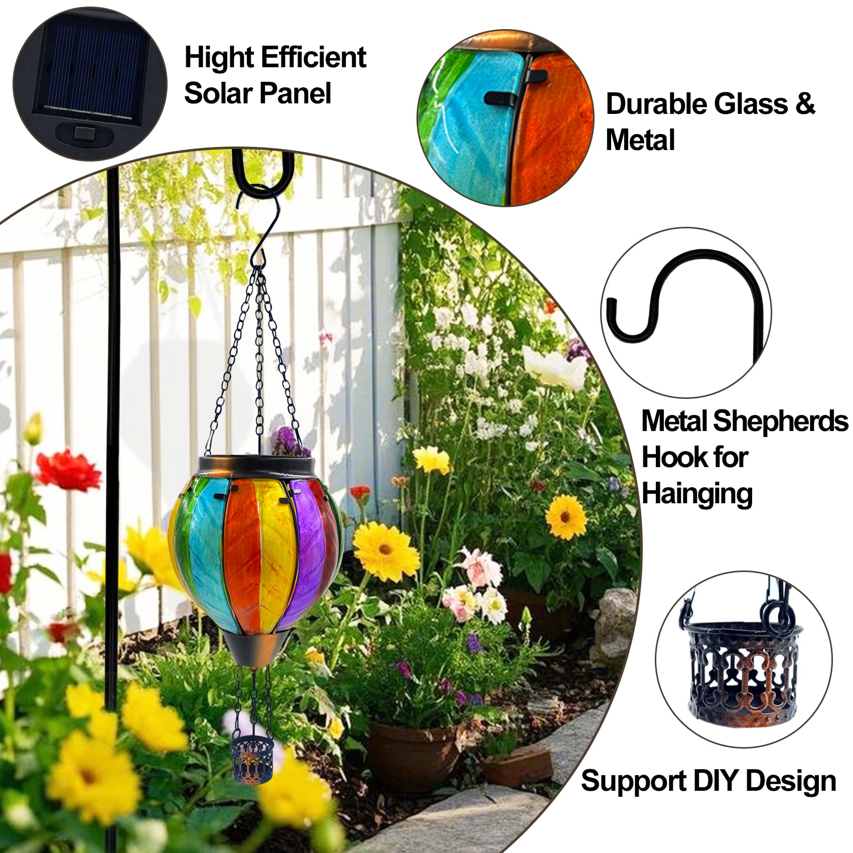 Twirleternity Hot Air Balloon Solar Lanterns - 2PCS Waterproof Outdoor Hanging Lights, Metal Hook, Flickering Flame, Rainbow Color