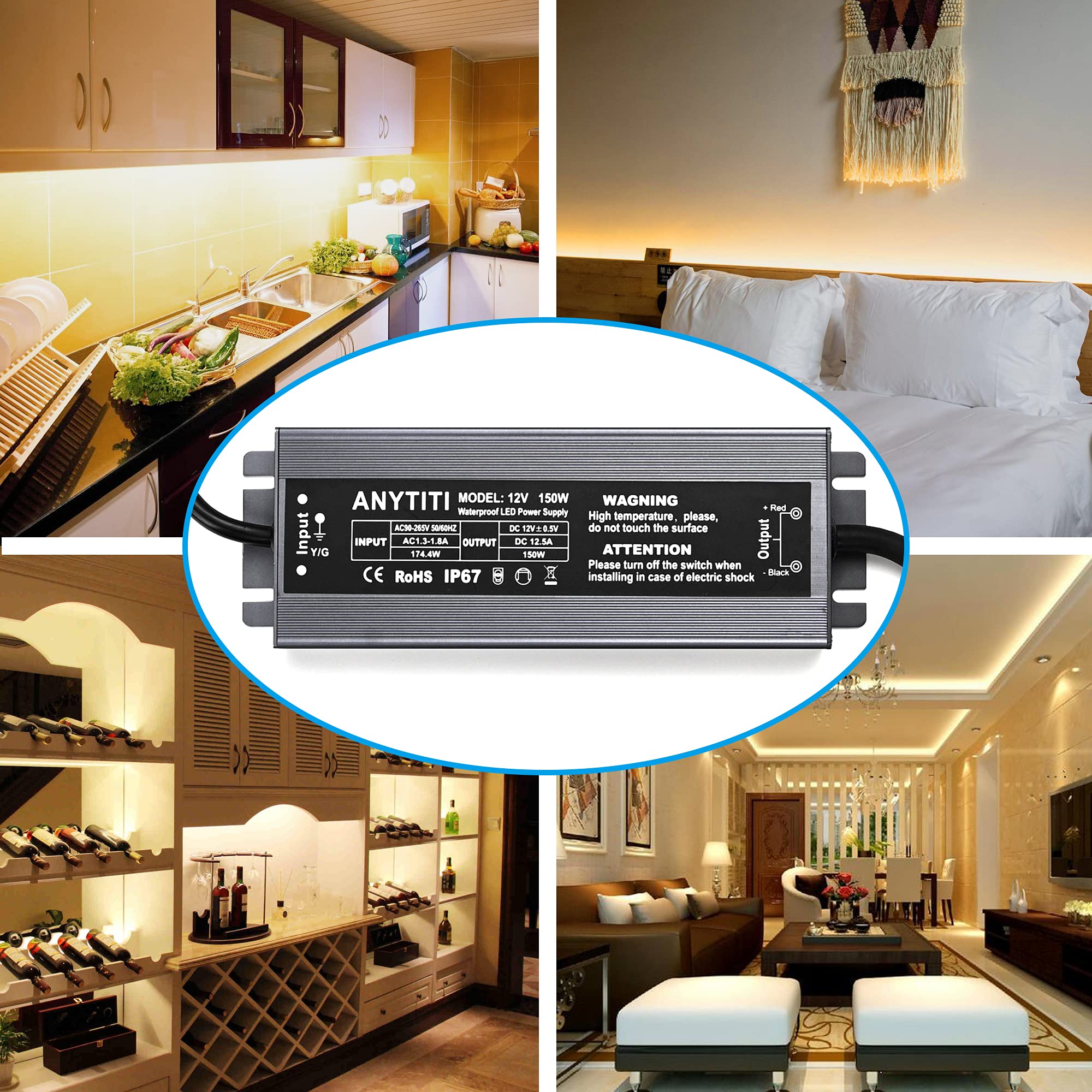 ANYTITI LED Driver,LED Power Supply IP67 Waterproof Output 150W DC12V 12.5A 3-Prong Plug 4.5feet