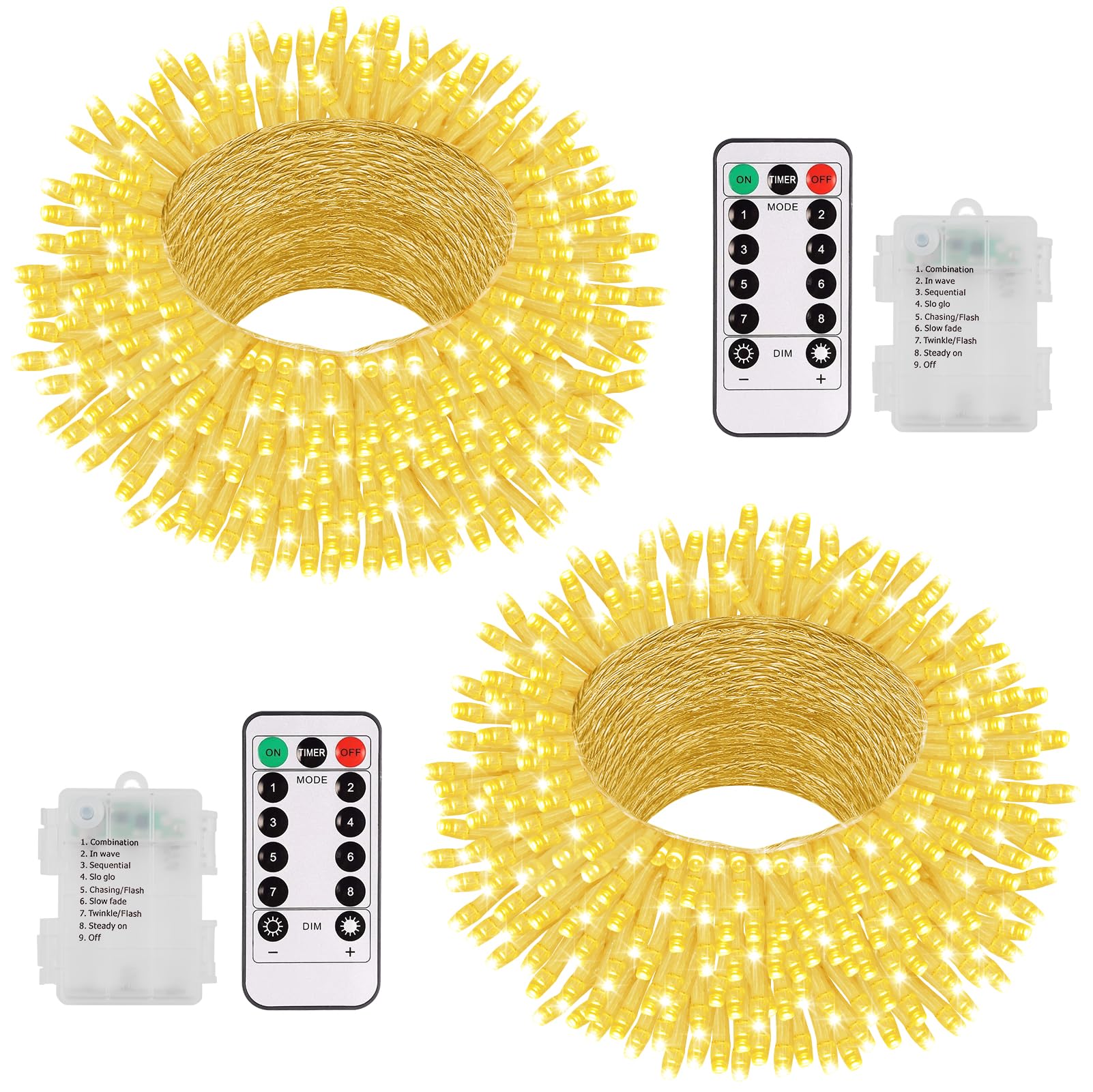 2 Pack Christmas String Lights Battery Powered  100 LED 33Ft Fairy String Lights Remote Timer 8 Modes Waterproof Fairy Lights for Bedroom Wedding Party Outdoor Indoor Decor (Warm White)
