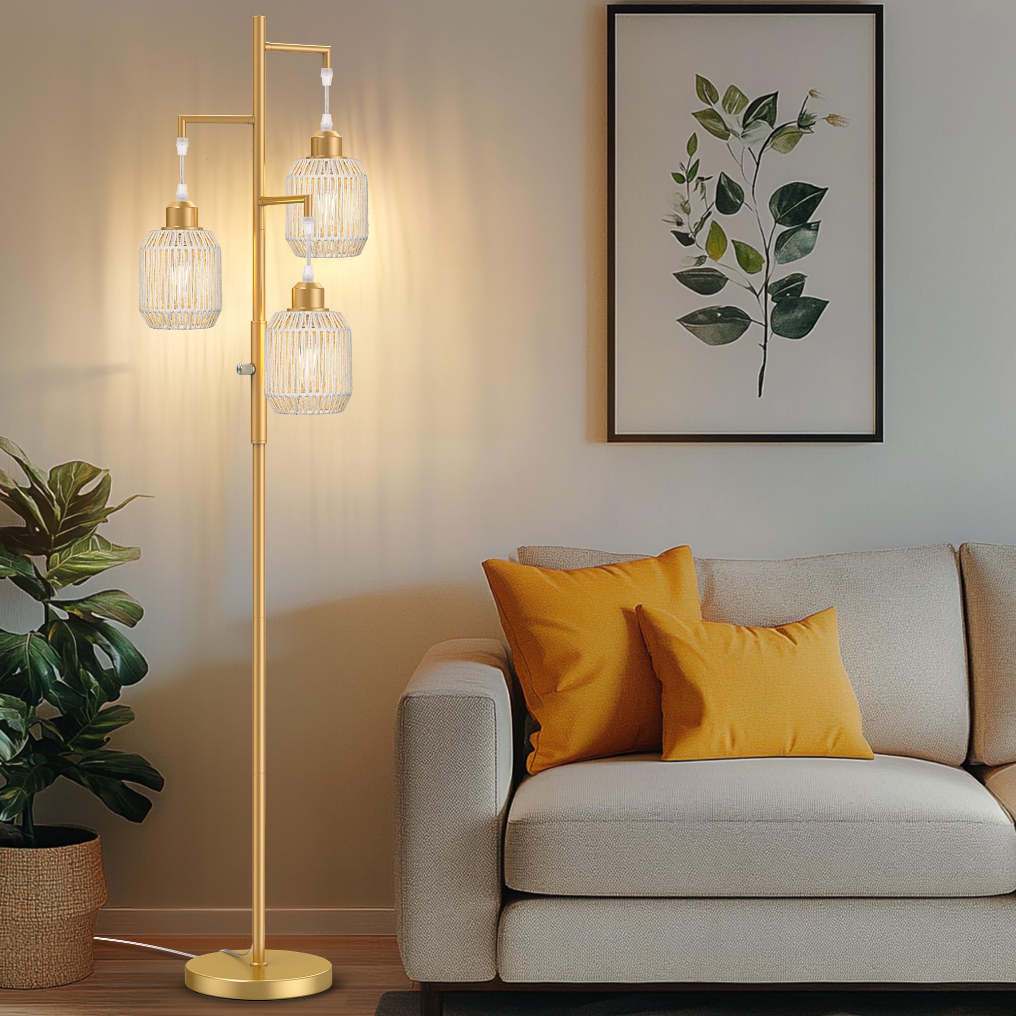 ROTTOGOON Dimmable Floor Lamp - 3-Light Rattan Design, 68in, Gold & White, Model ROFP125BZ1, Rustic Industrial Style for Living Room & Bedroom