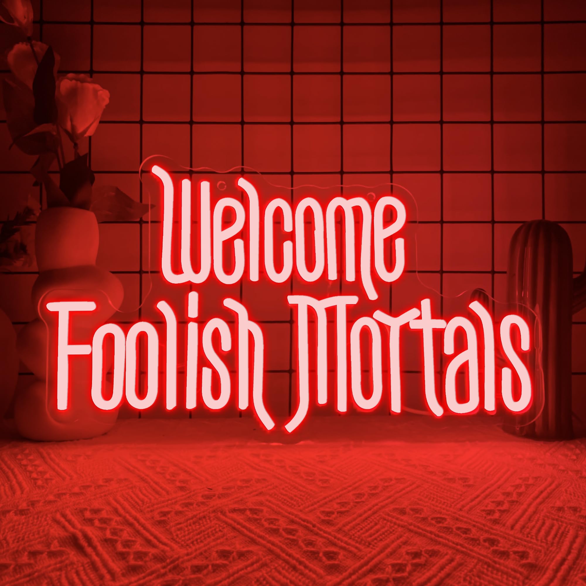 Welcome Foolish Mortals Neon Sign,Dimmable Spooky Gothic Haunted Mansion Coffin LED Neon Signs for Wall Decor,USB Powered Led Ne