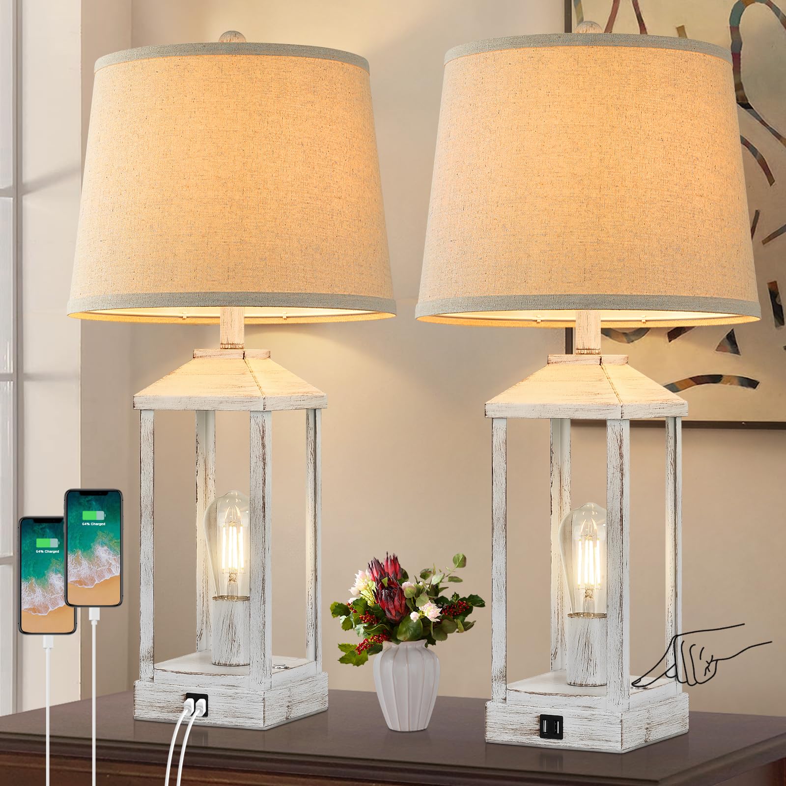 Brightever 28in Farmhouse Table Lamps Set of 2, USB Ports, 3-Way Touch Control, Metal, White, Model TA001-2-00, for Living Room