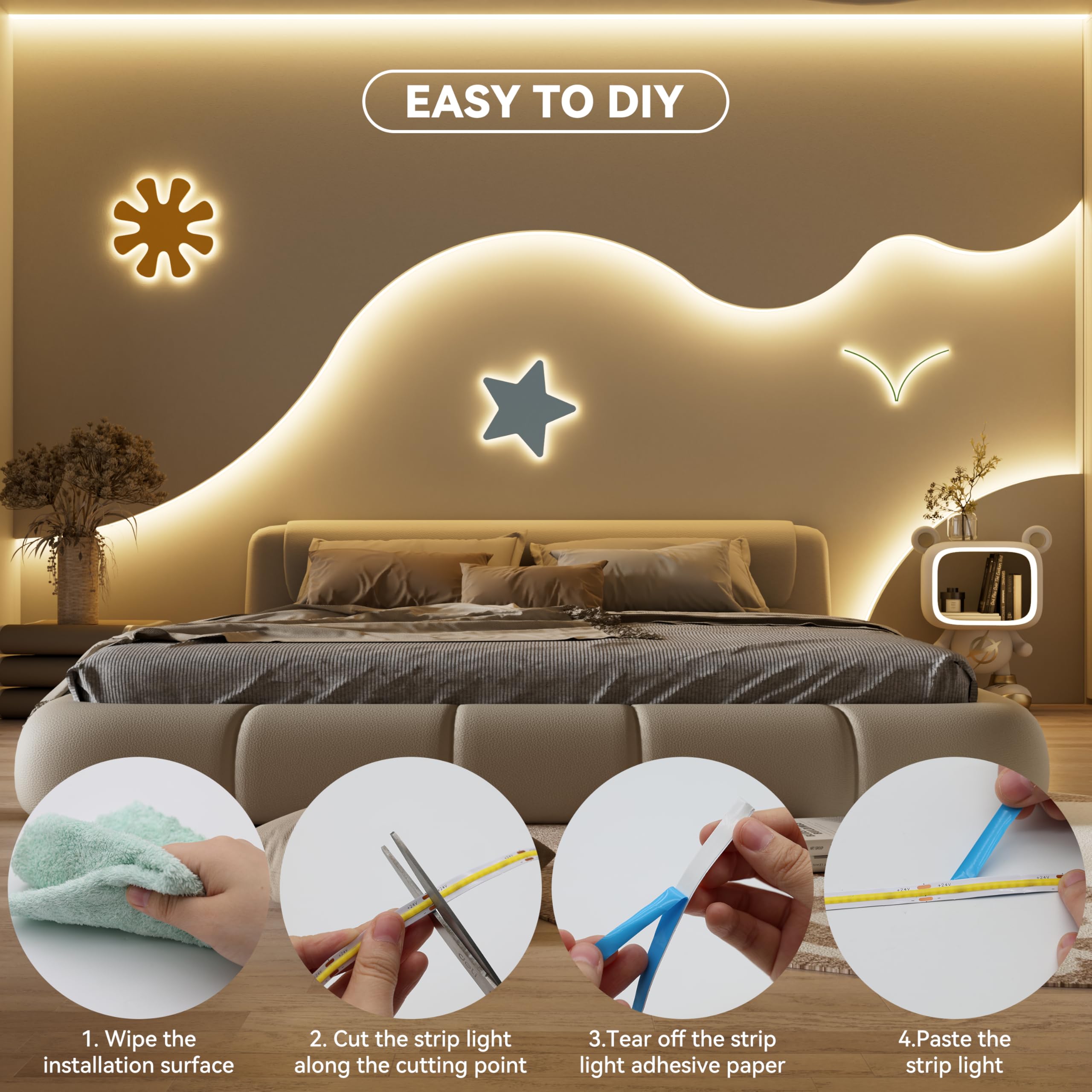 Miwise Cob Led Strip 20Ft/6.1M Cri 90+ Warm White 3000K High Lumen Super Bright Flexible Dc24V Led Tape Light For Cabinet Home Office Diy Lighting Projects(Adapter & Controller Not Included)