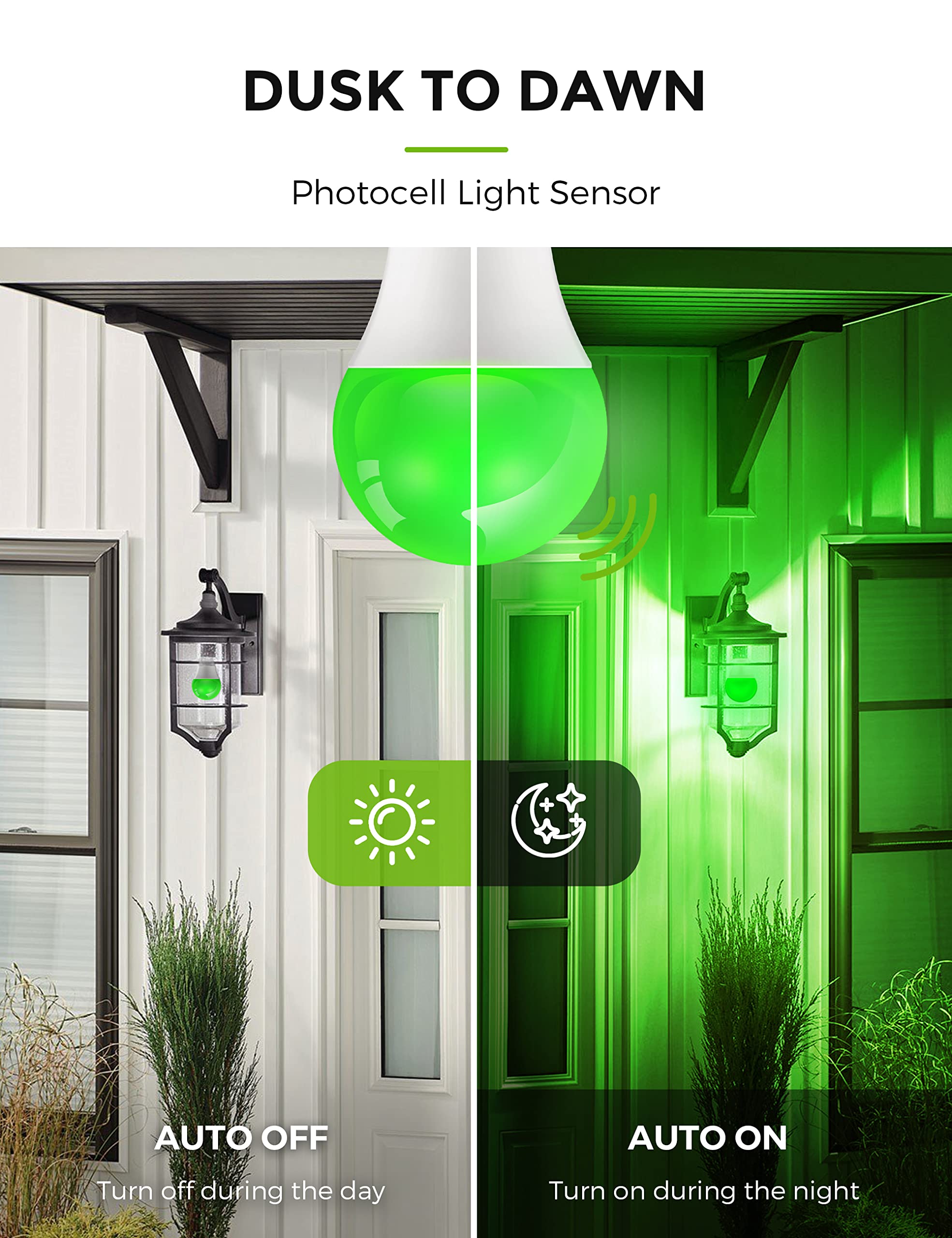 L LOHAS LED Red Green Light Bulbs, 6W A19 Outdoor Dusk to Dawn Sensor, E26 Base, 4-Pack for Party Wedding Patio, Model XC-003-REGW