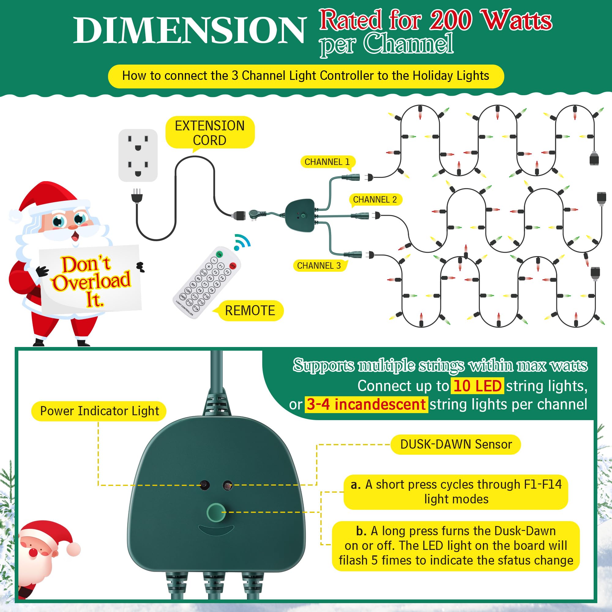 Gulfmew Christmas Light Controller with Remote, 14 Functions, Dusk to Dawn Sensor, Green, Model TD-Gulfmew-1056