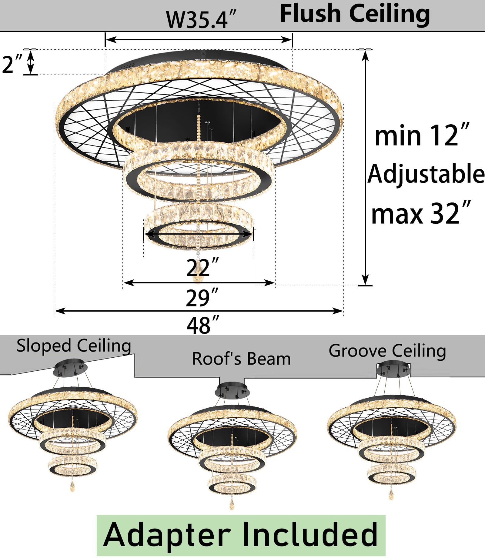 HAIXIANG Glam Chandelier 48 inch Black Crystal Ceiling Light with Remote Dimmable LED for Living Room - Model MMQ3831