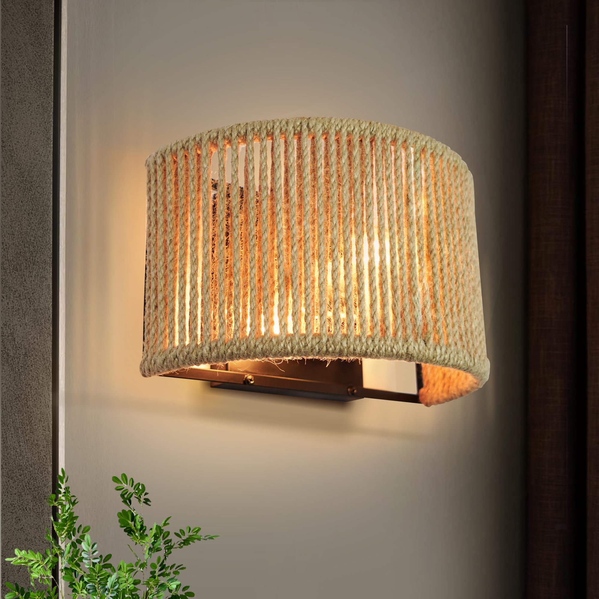 Lzawvm Rattan Wall Sconce Boho Wall Light Fixture Hand Woven Hemp Rope Sconce Lighting for Bedroom, Living Room, Aisle, Porch, D