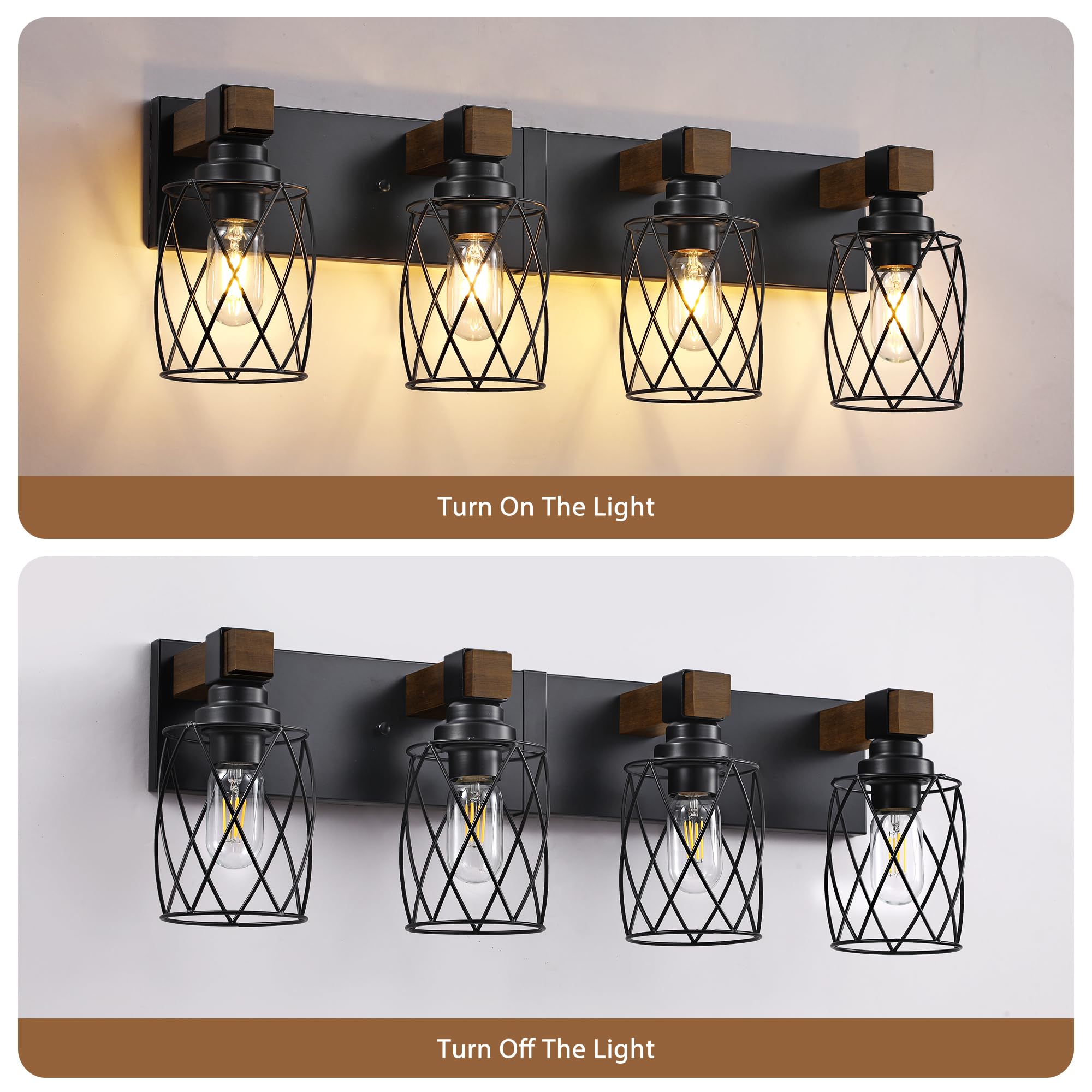 XvmBvm 4-Light Farmhouse Bathroom Vanity Light, Black Metal Fixtures for Rustic Decor, Model X3015-4