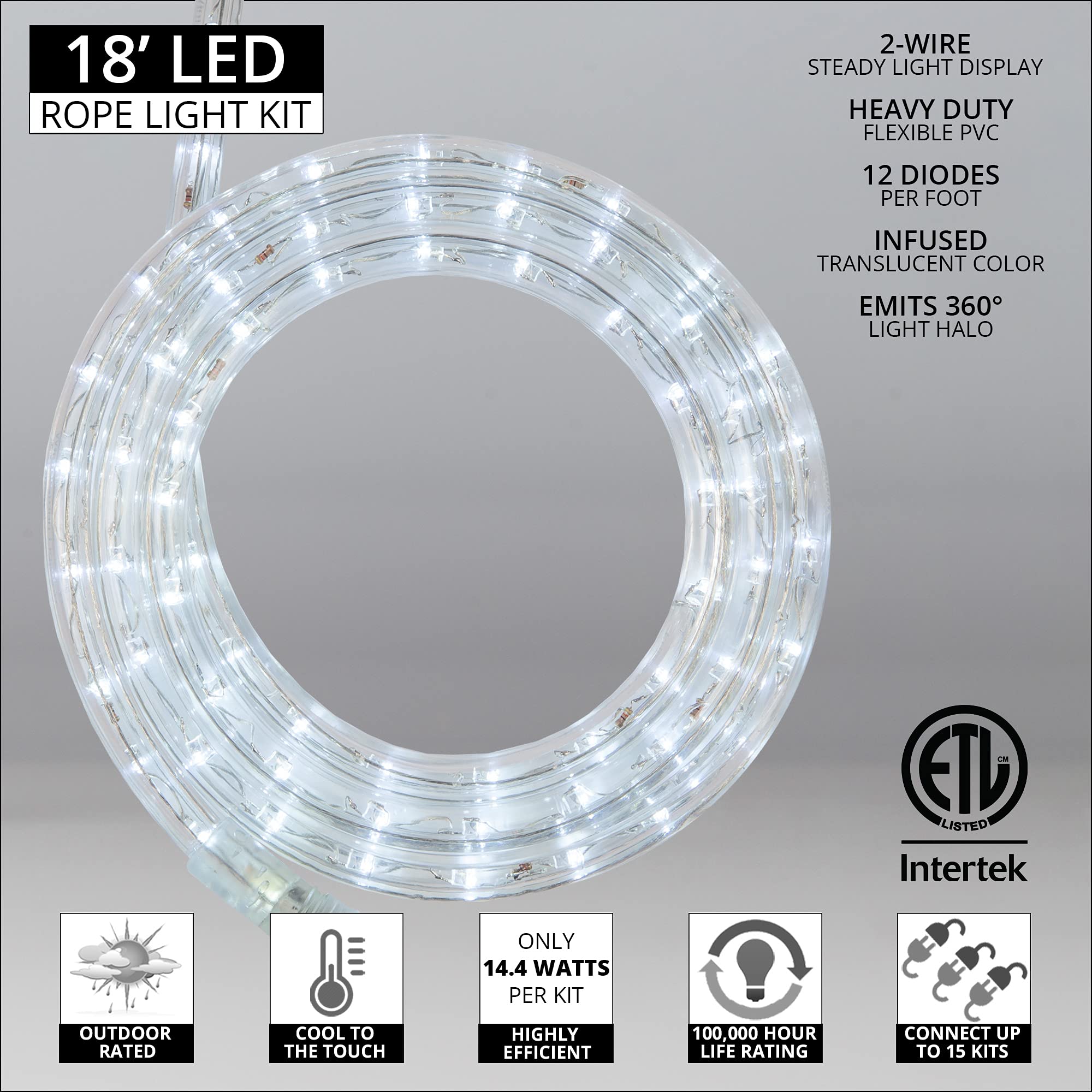 Wintergreen Lighting 18' LED Cool White Rope Light – Flexible PVC String Light, 120V, Model WG-LED-13Y-1E-#22-36-18