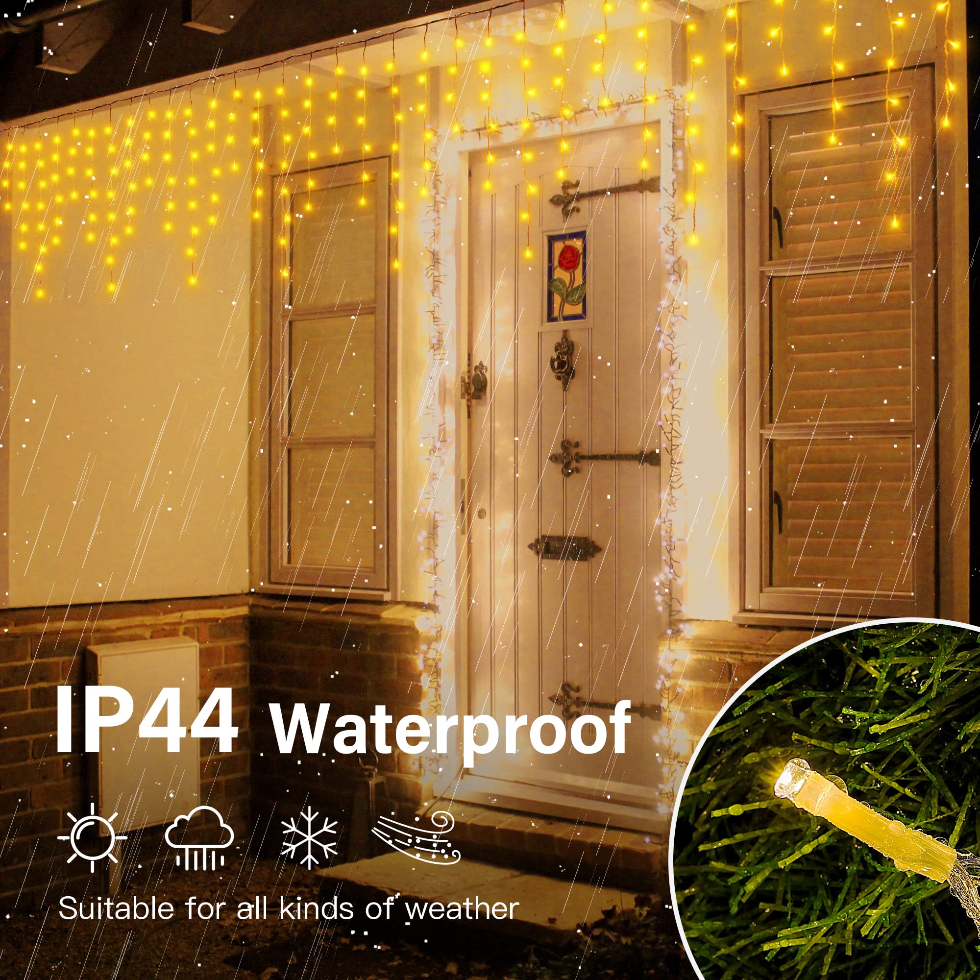 Hopolon 33Ft 360L Led Christmas Icicle Lights Outdoor Waterproof,8 Modes Plug In Curtain String Lights With 60 Drops,Christmas Lights For Wedding,Party,Bedroom,Home,Garden,Wall Decorations(Warm White)