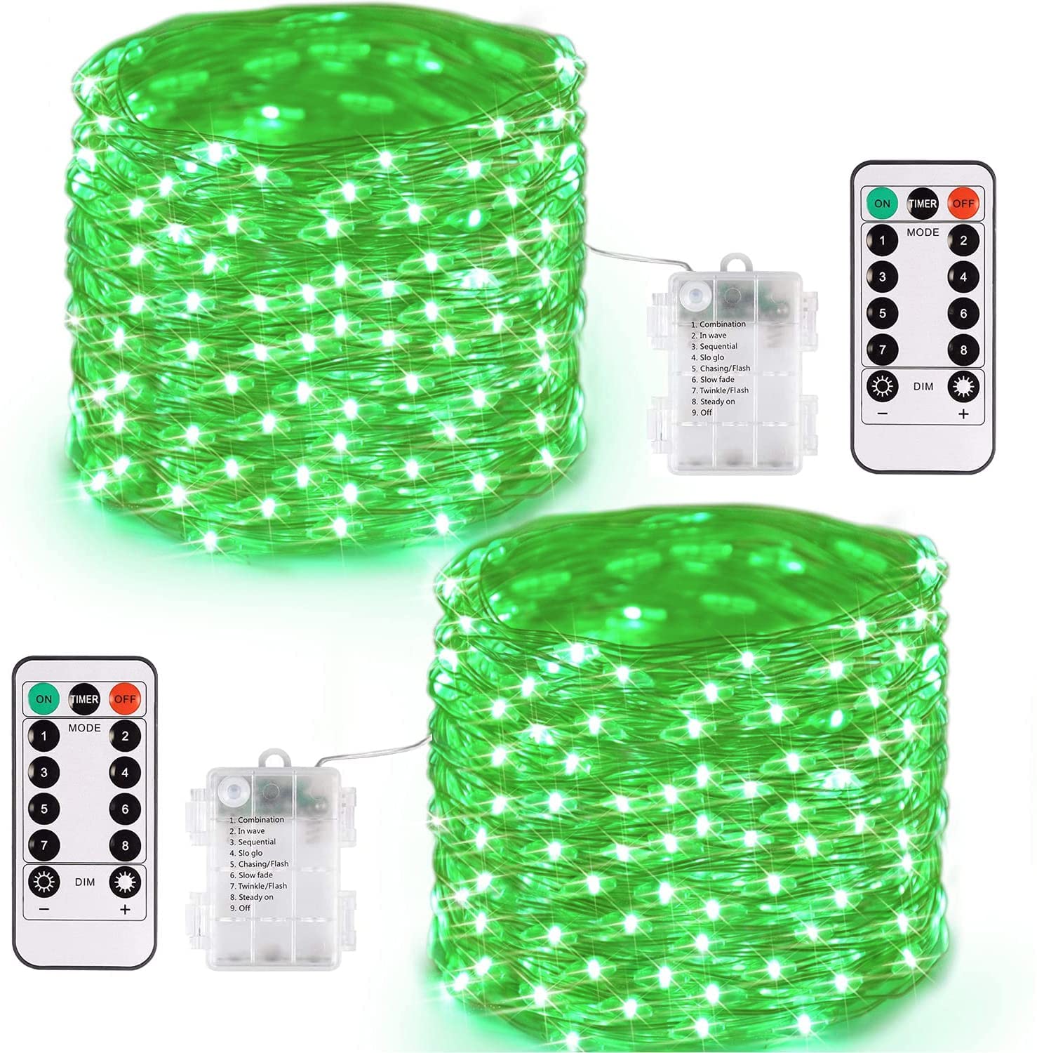 Jmexsuss 2 Pack 100 Led Green Fairy Lights, 66Ft Battery Operated Twinkle String Lights With Remote, 8 Modes For St PatrickS Day, Halloween, Xmas