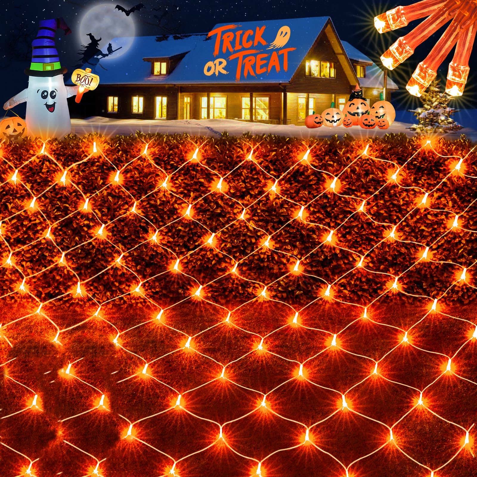JMEXSUSS Orange Halloween Net Lights, 360 LED, 12ft x 5ft, 8 Modes, Waterproof, Remote Connectable, Model EXS-N-0360-R