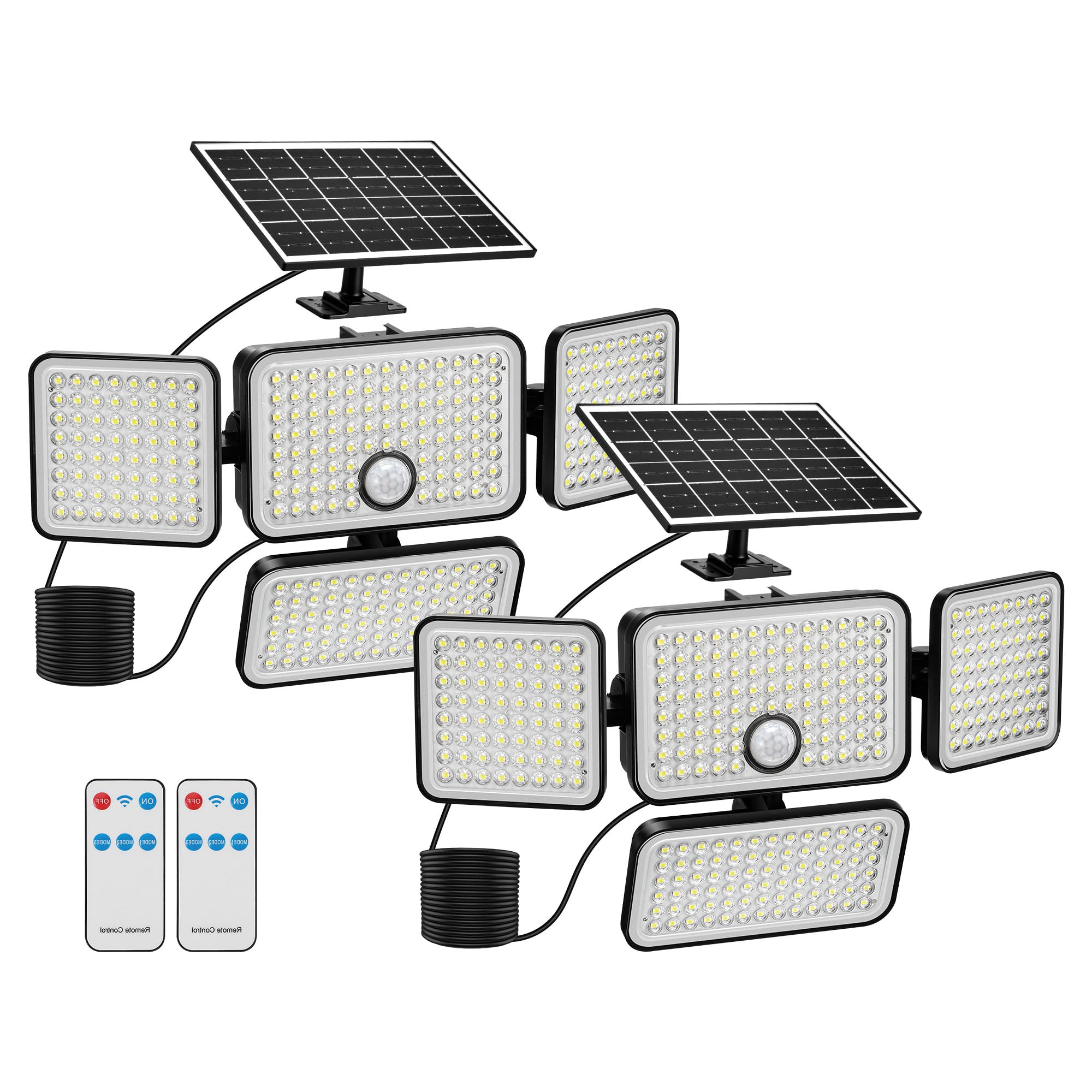 LUMLLSAJI Solar Flood Lights 3000 Lumen 4 Heads Motion Sensor IP65 Waterproof 2 Packs with 20Ft Cord