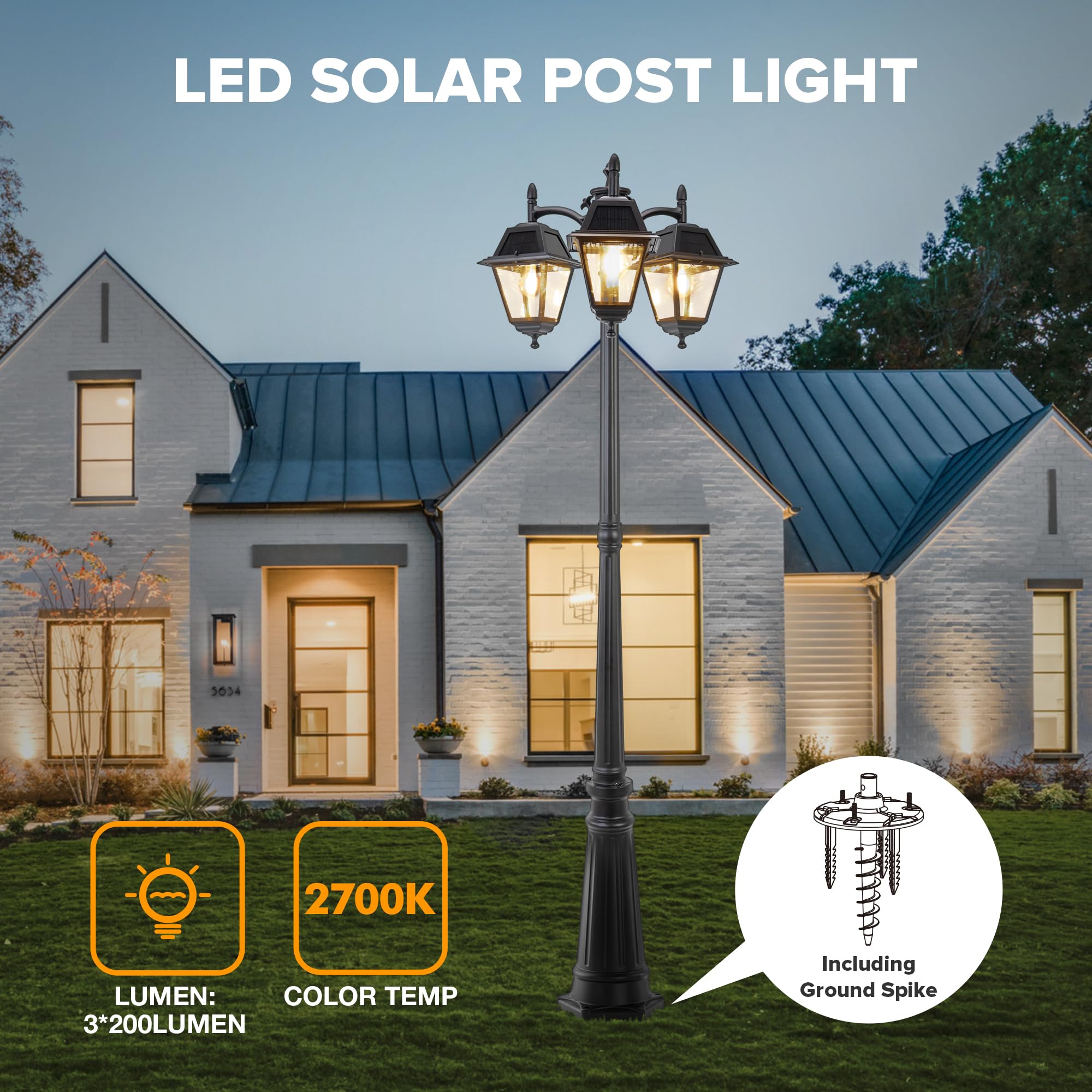 LUTEC Outdoor Solar Post Light, 600 Lumen, Dusk to Dawn, Waterproof, Black, Aluminum, Model 6940401012, 3 Trapezoid Head+Post