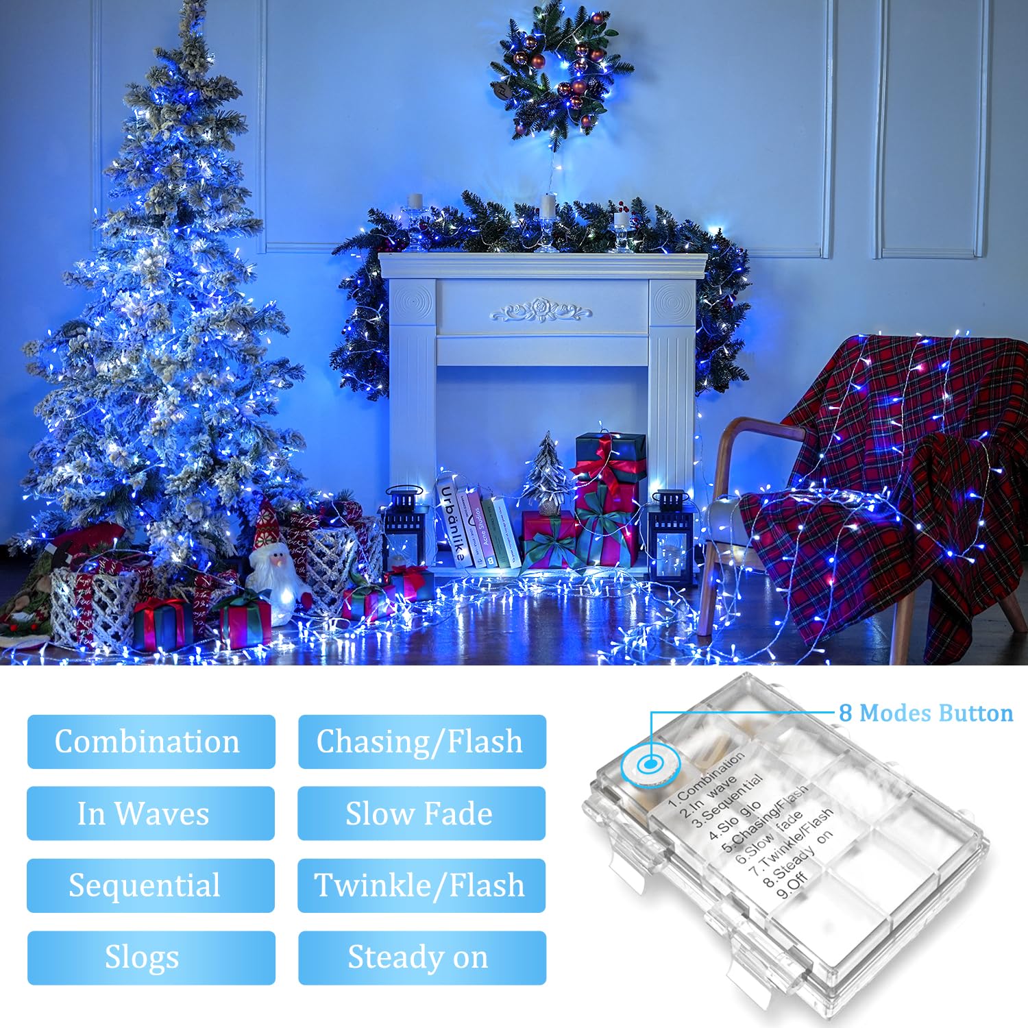 JMEXSUSS Battery String Lights, 100 LED, 33ft, Blue & White, 2 Pack with Remote for Outdoor Party and Birthday Decorations