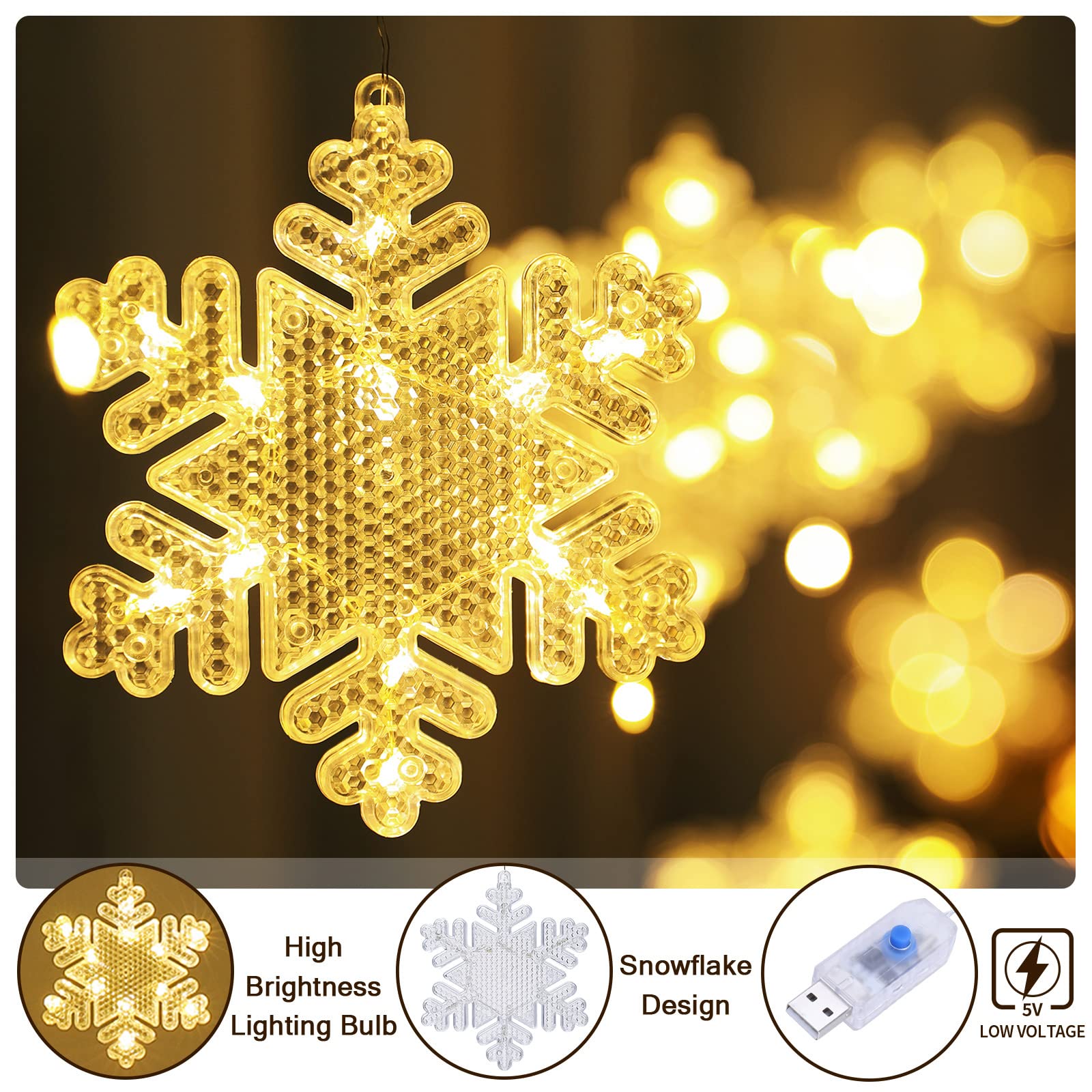 Bloomwin Window Lights Christmas Decor 10Ft 12 Snowflakes Icicle Lights Usb Christmas Curtain Lights For Bedroom Indoor Wall Winter Decorations For Home Church Wedding Birthday, 8 Modes, Warm White