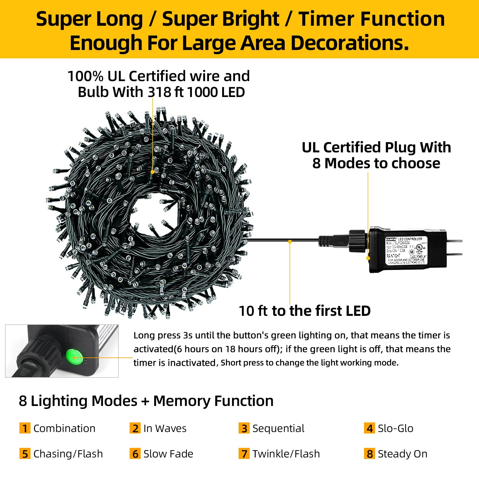 OUTYLTS 1000 LED 328ft 8 Modes with Timer Christmas String Lights IP55 Outdoor Waterproof UL Certificated Indoor Fairy Lights Ga