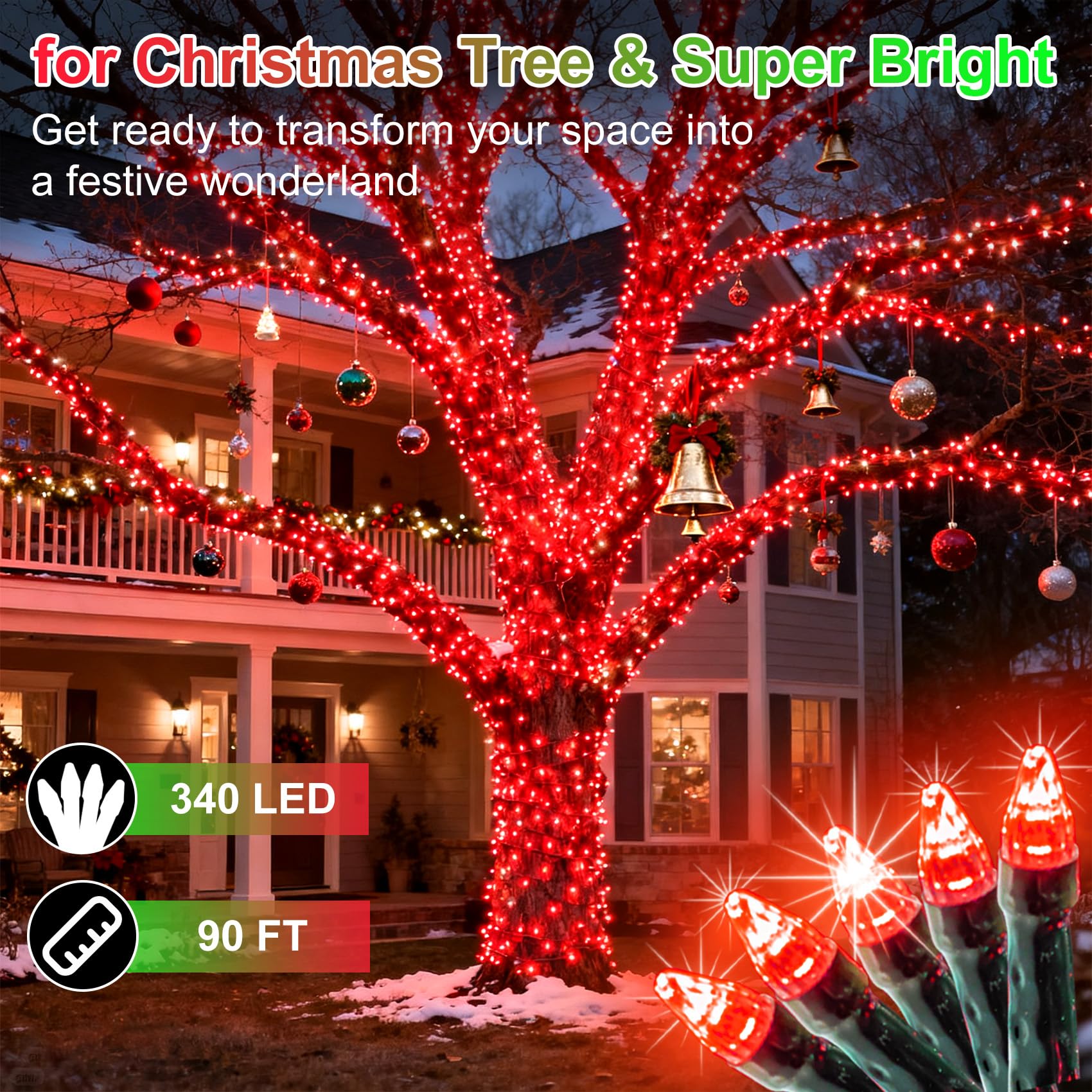 340 Led 90Ft Christmas String Lights Outdoor  12 Pro Modes And Timer Memory & Brightness  Plug In Waterproof Dark Green Wire Twinkle Light For For Xmas Yard Tree Wedding Party Decor (Red)
