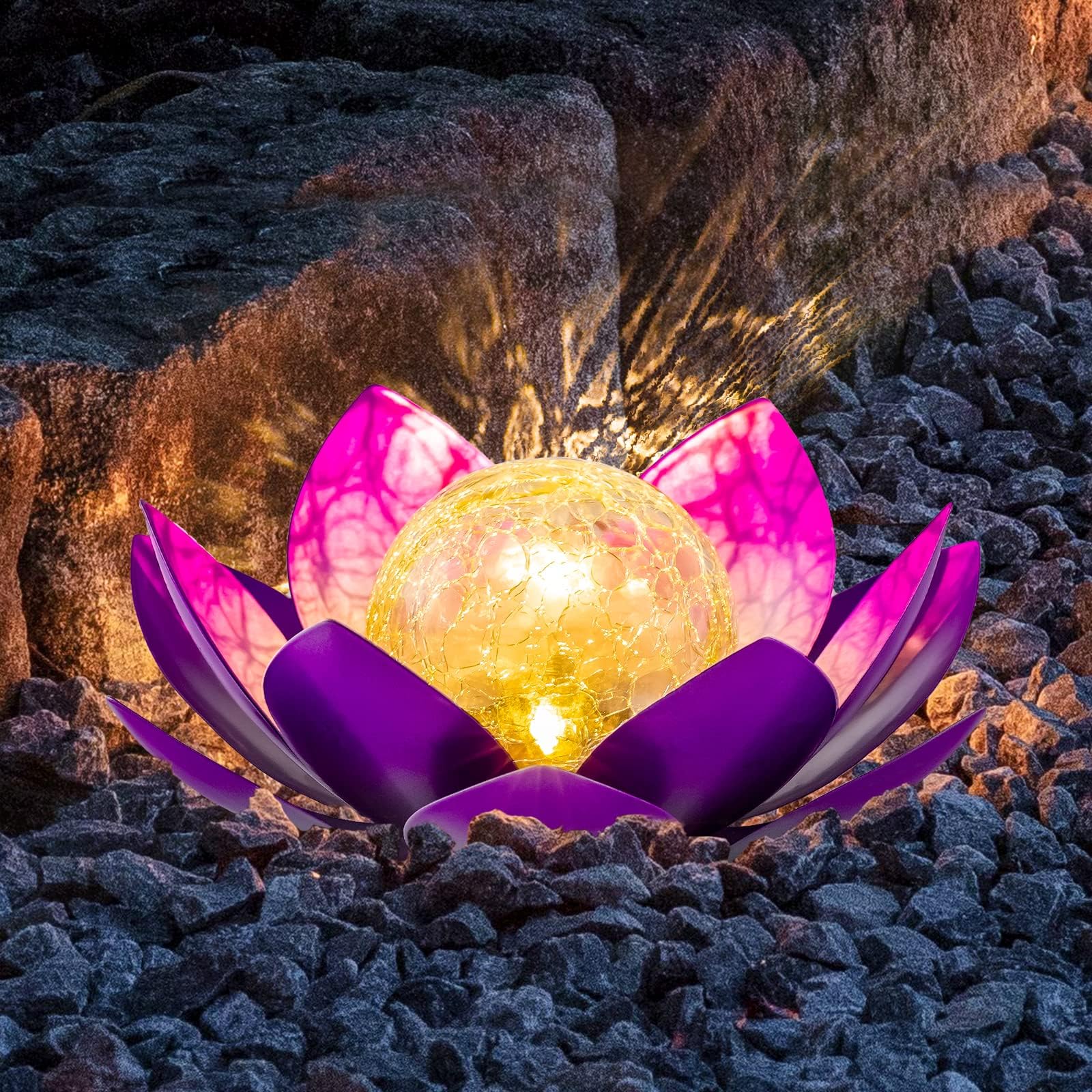 AIINY Solar Light Outdoor(2Pack), Art Crackle Globe Glass Lotus Decoration, Solar LED Waterproof Purple Metal Flower Lights for 