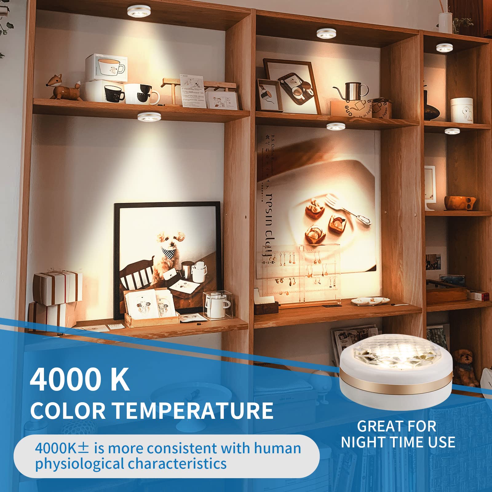 LEASTYLE Puck Lights with Remote, Wireless Under Cabinet Lighting, 6 Pack, Battery Operated, Natural White, Adjustable Brightness, Model 001