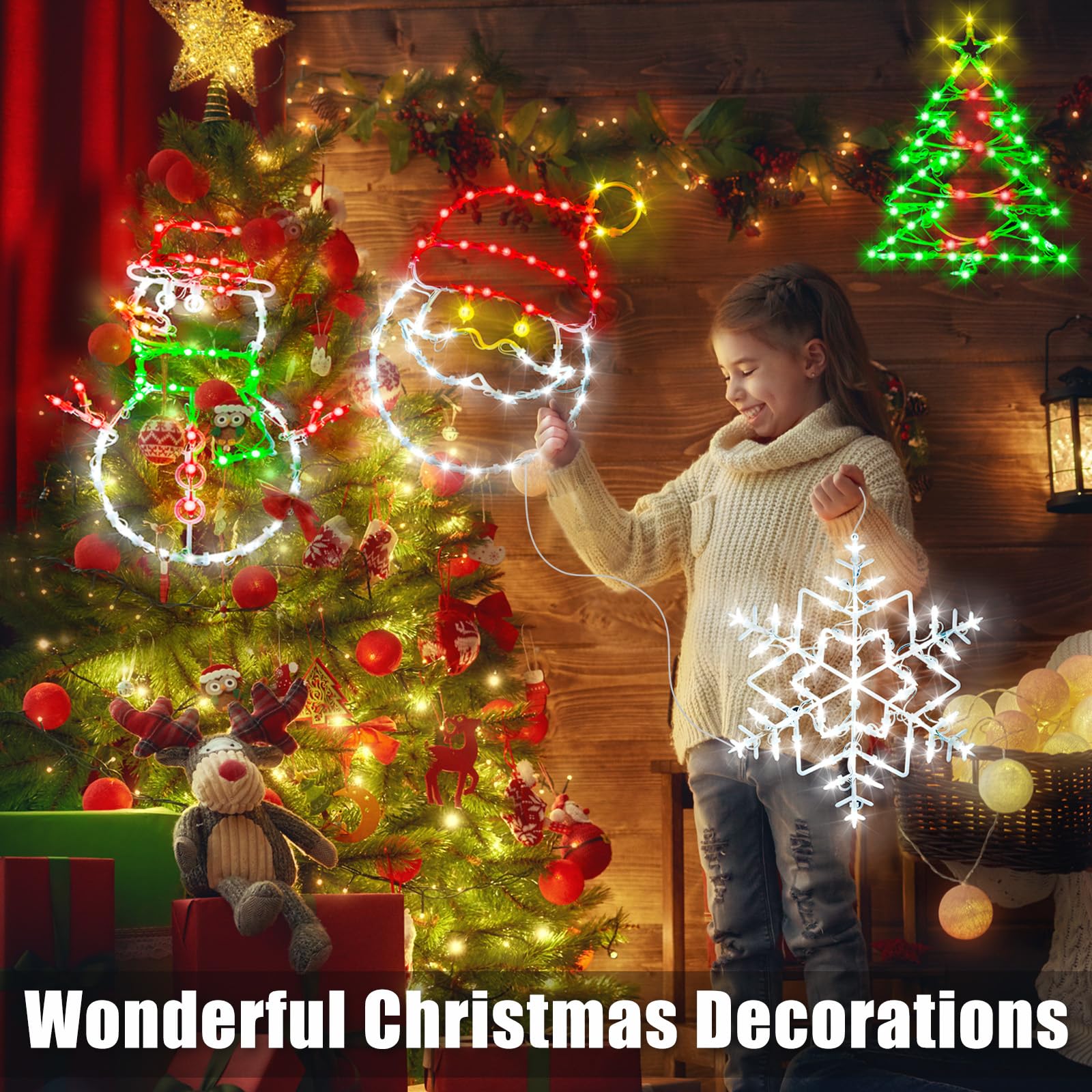 LOCYFENS Christmas Window Lights - 16.5" LED Decorations, Multicolor, 4 Pack - Tree, Snowflake, Santa & Snowman Designs