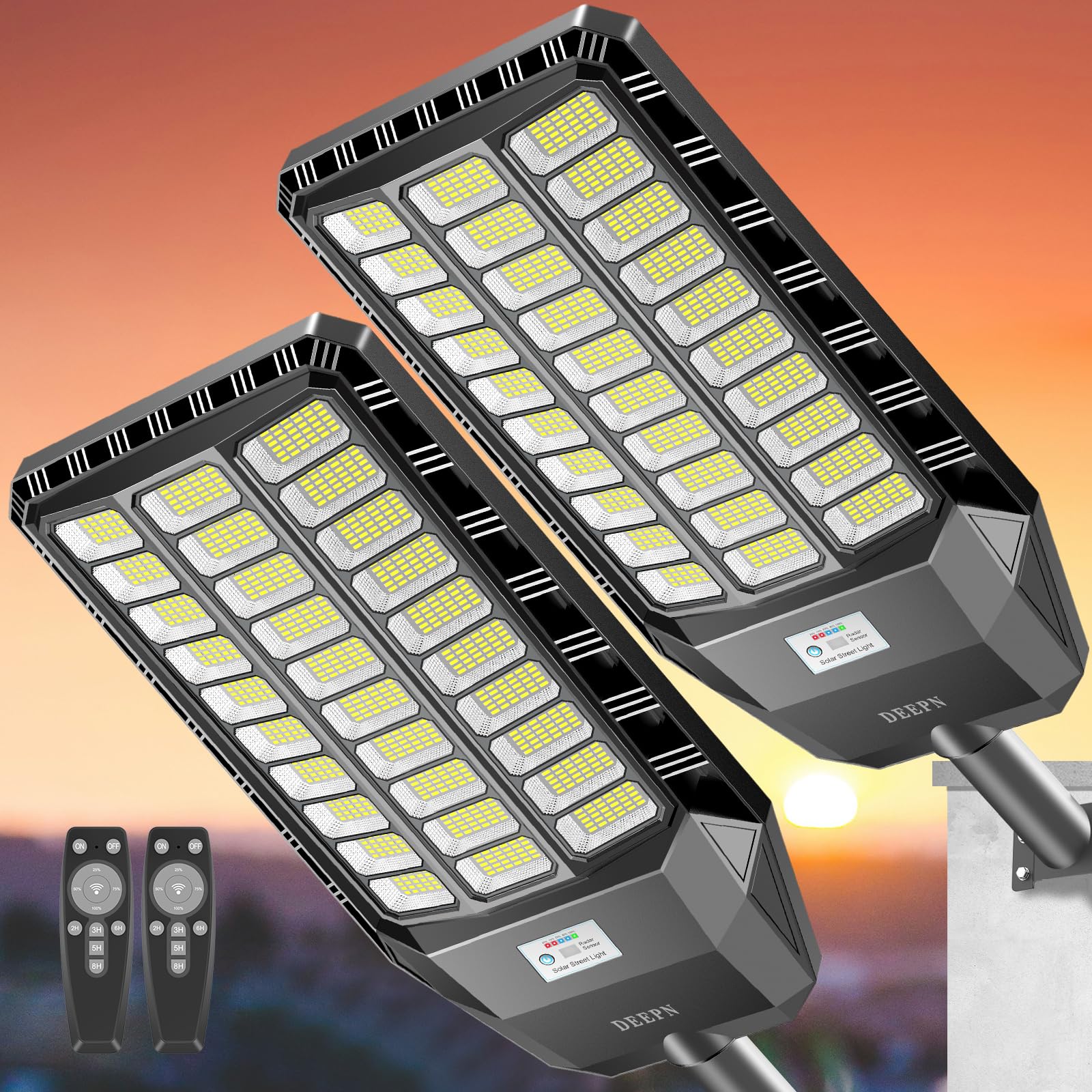 Deepn Solar Street Lights, 6000W Waterproof Dusk to Dawn Lighting, 6500K, 2 Pack, White, Model STW3002