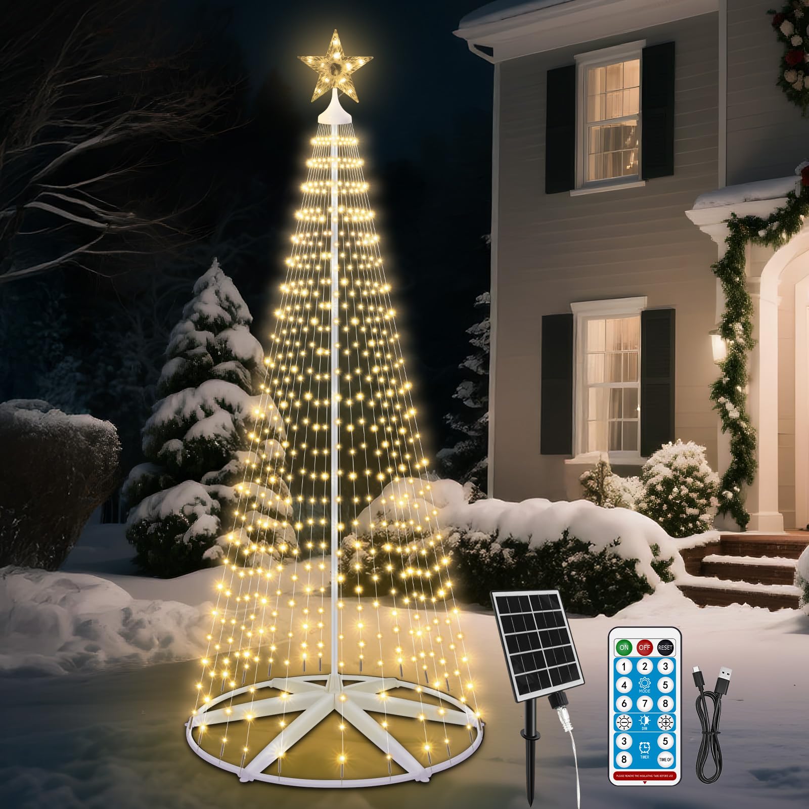 Outdoor Solar Christmas Cone Tree Lights  8ft 442 LED Christmas Tree LightShow with 8 Modes Timer Remote  Lighted Artificial Tree USB Charge for Xmas Yard Porch Patio Party Holiday Decor  Warm White