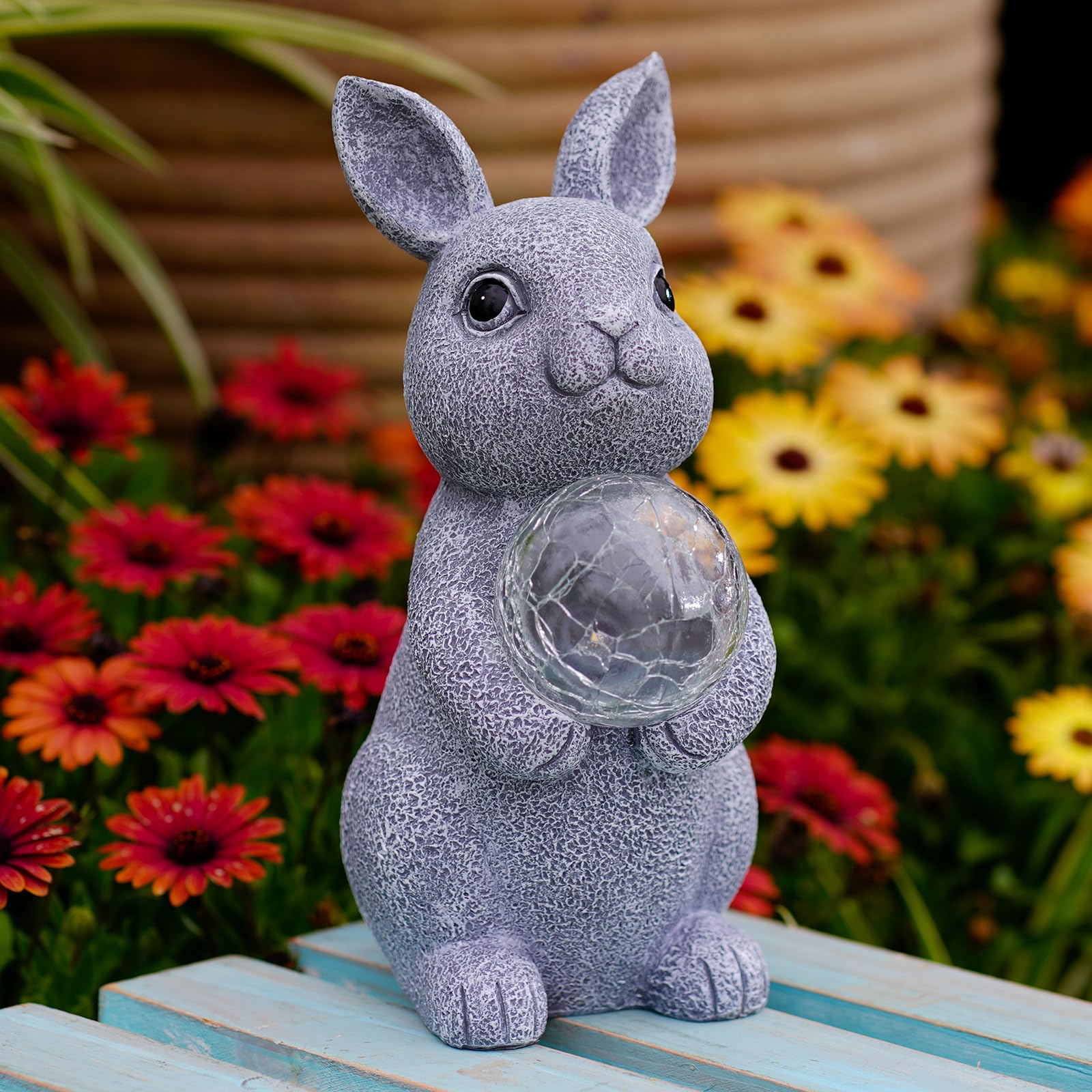 Tiejiajiang Gray Rabbit Solar Garden Statue With Gazing Ball - Outdoor Decor For Patio & Yard