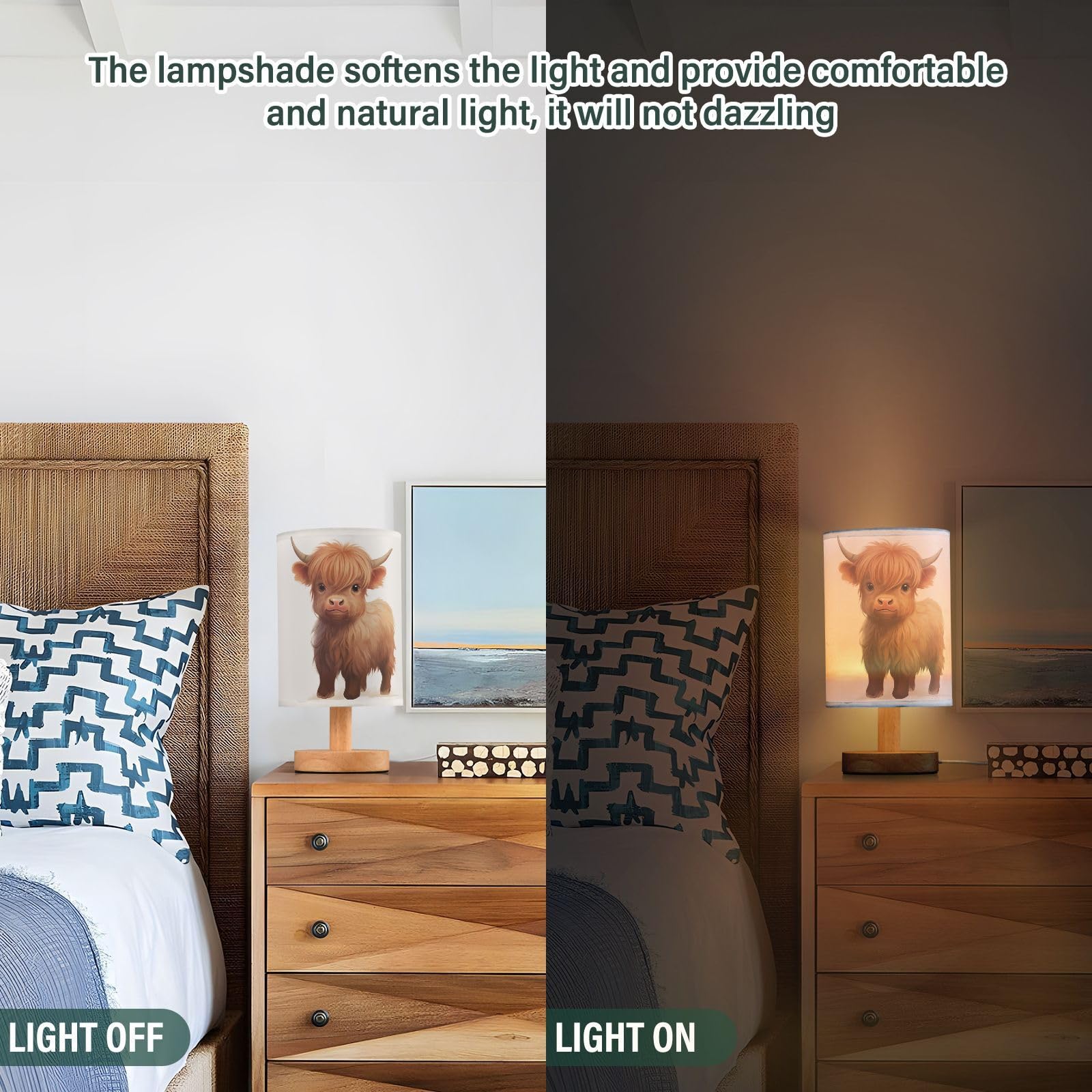 Oarencol Bedside Table Lamp Cute Highland Cow Animal Nightstand Lamp With Wood Desk Lamps For Bedroom Living Room Nursery Office