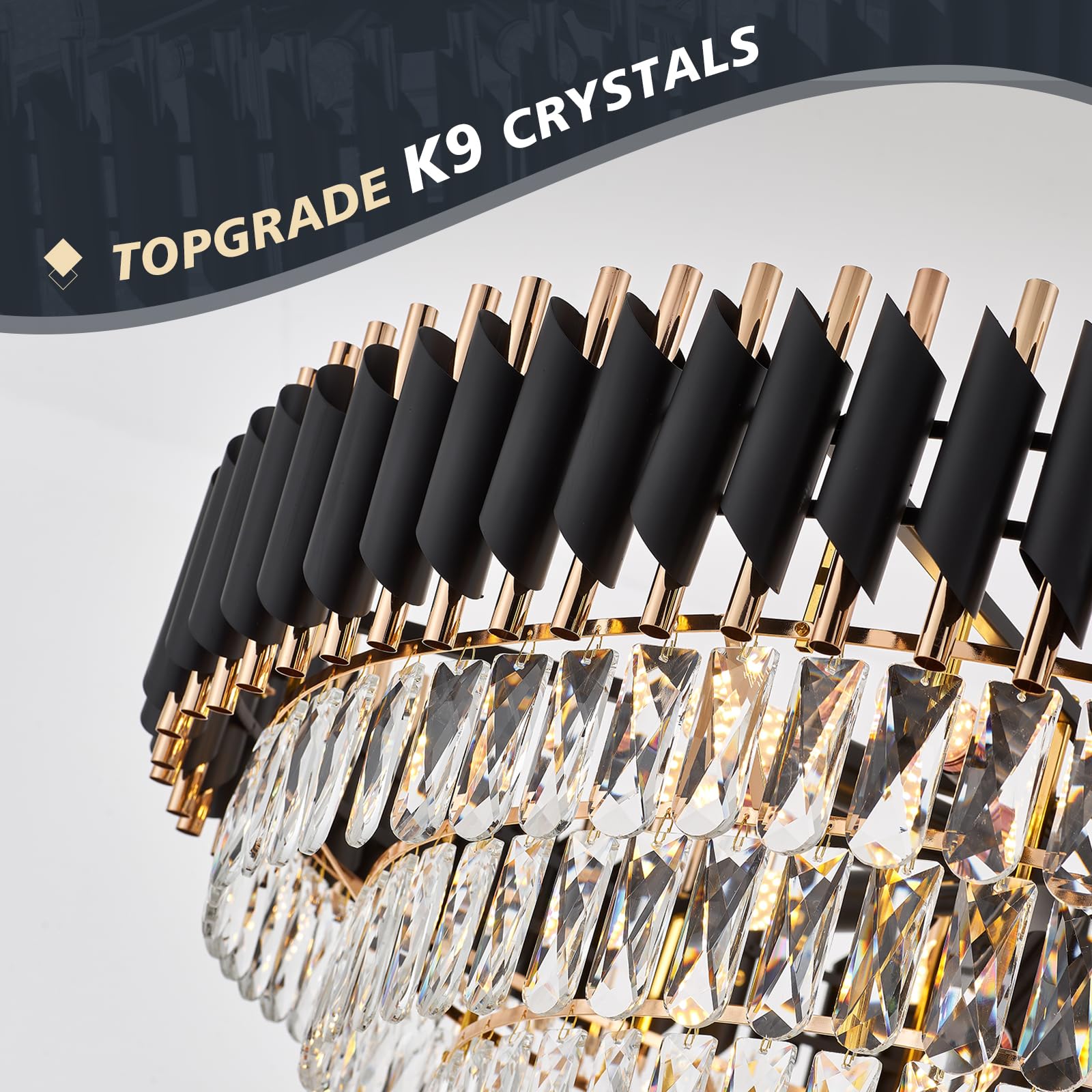 brfaixla 7-Tier Crystal Chandelier, 35.4" Diameter, 18-Light, Black & Gold, Modern Ceiling Light Fixture for Living Room, Villa, Foyer