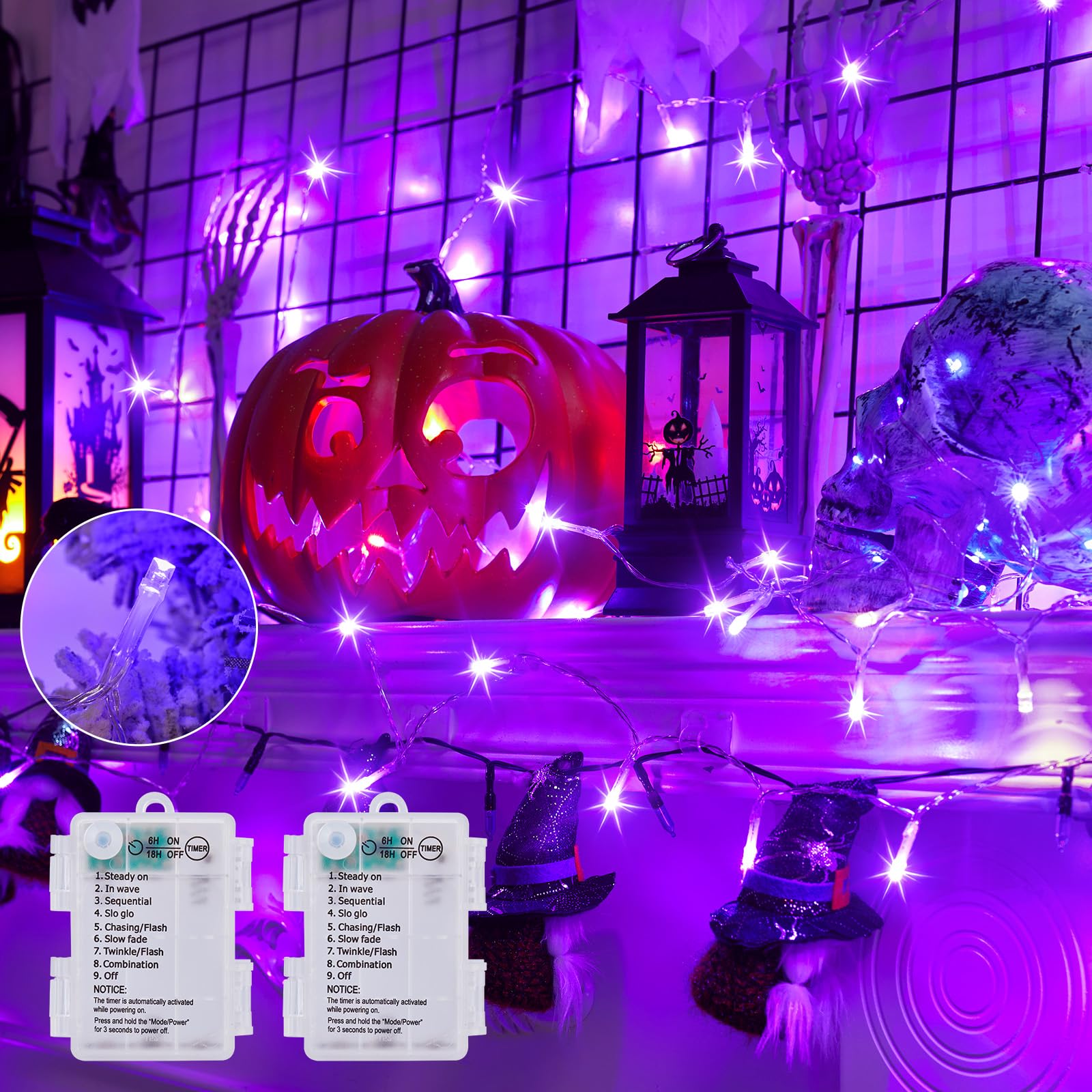 Minetom Fairy Lights, Battery Operated, 100 LED, 33FT, 8 Modes, Waterproof, Purple, 2 Pack
