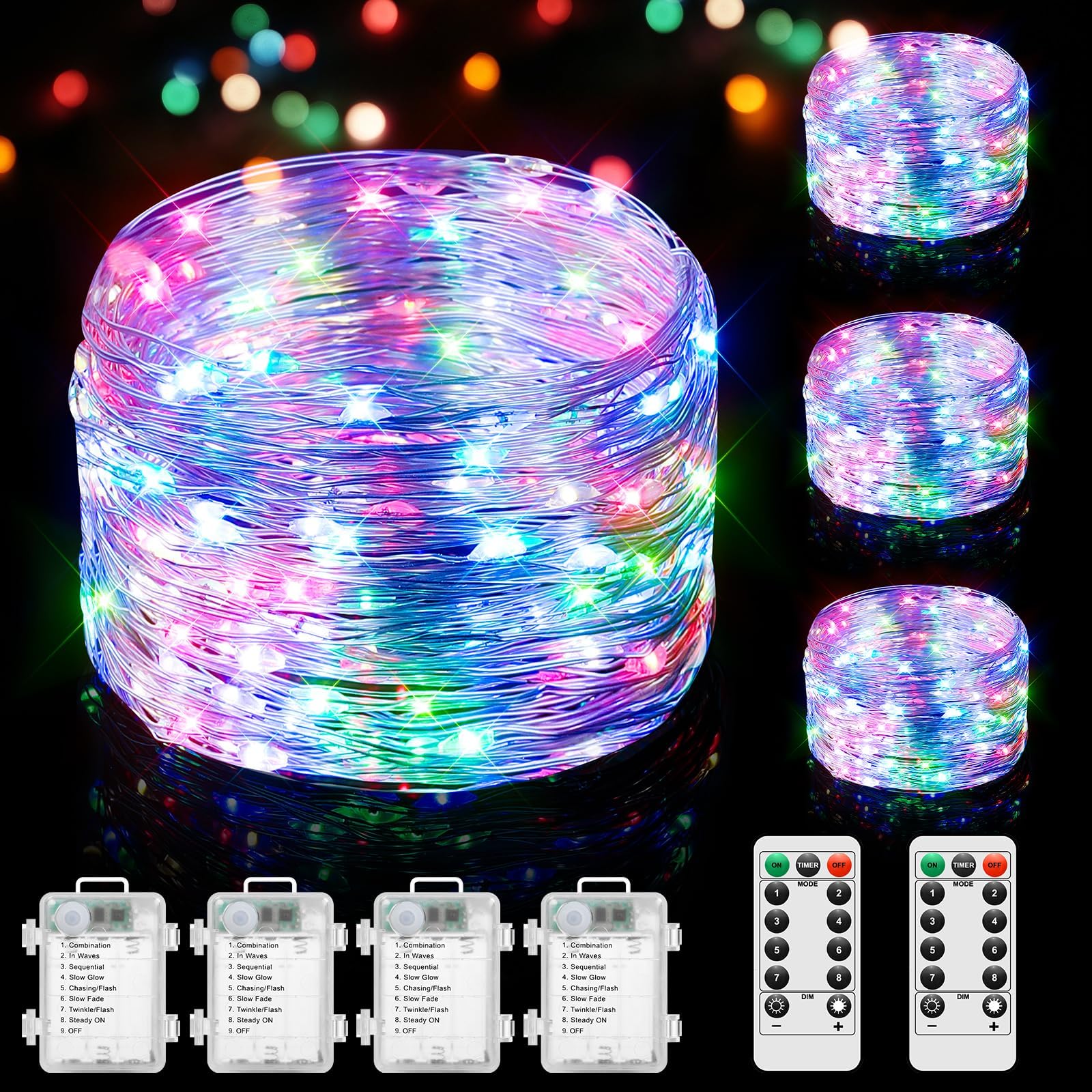 Lakumu 4-Pack 33FT 100 LED Fairy Lights Battery Operated, Remote Control String Lights with Timer, 8 Modes Waterproof Outdoor Twinkle Lights for Bedroom Classroom Dorm DIY Christmas Party, Multicolor